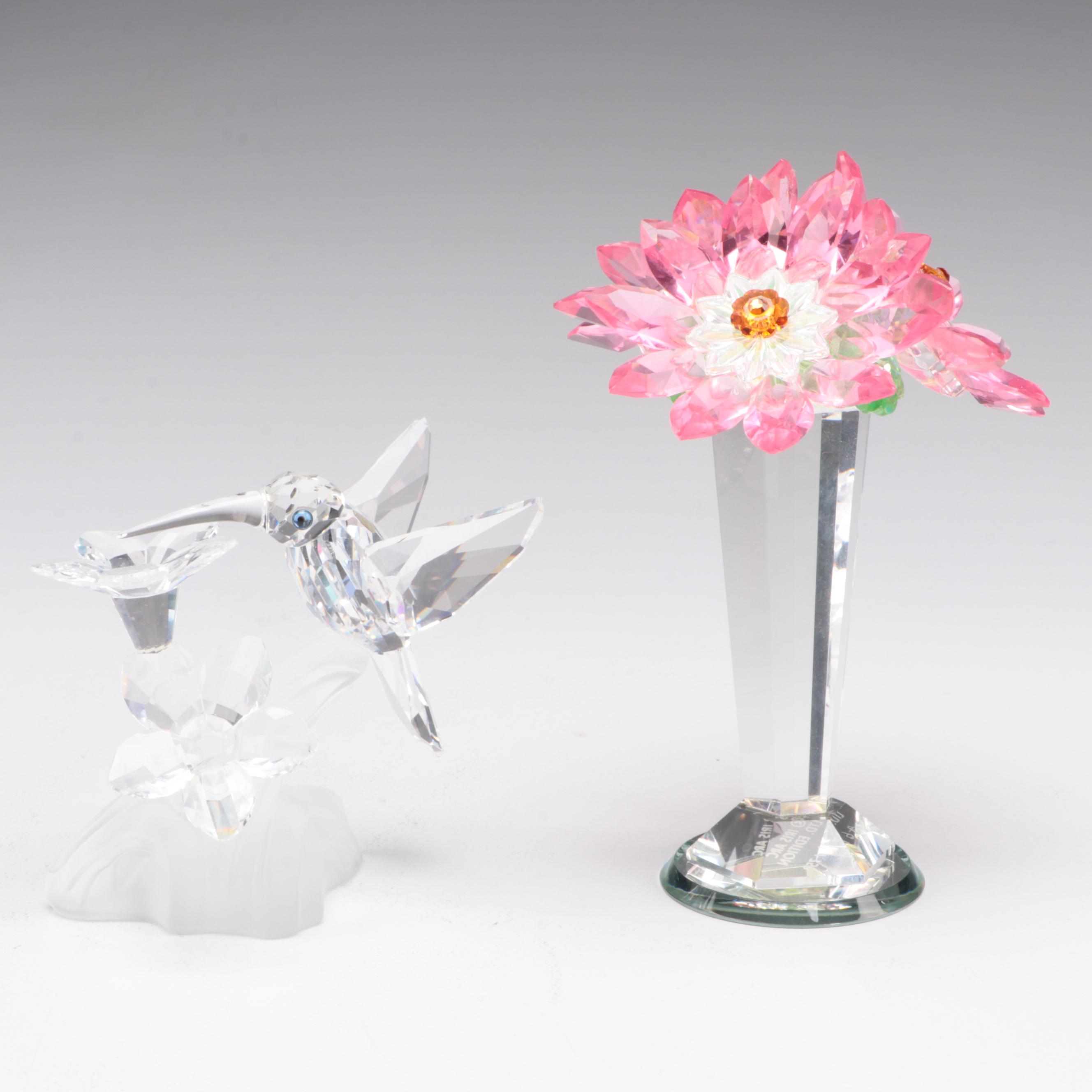 Swarovski Crystal Hummingbird Figurine and Iris Arc Crystal Floral Bouquet