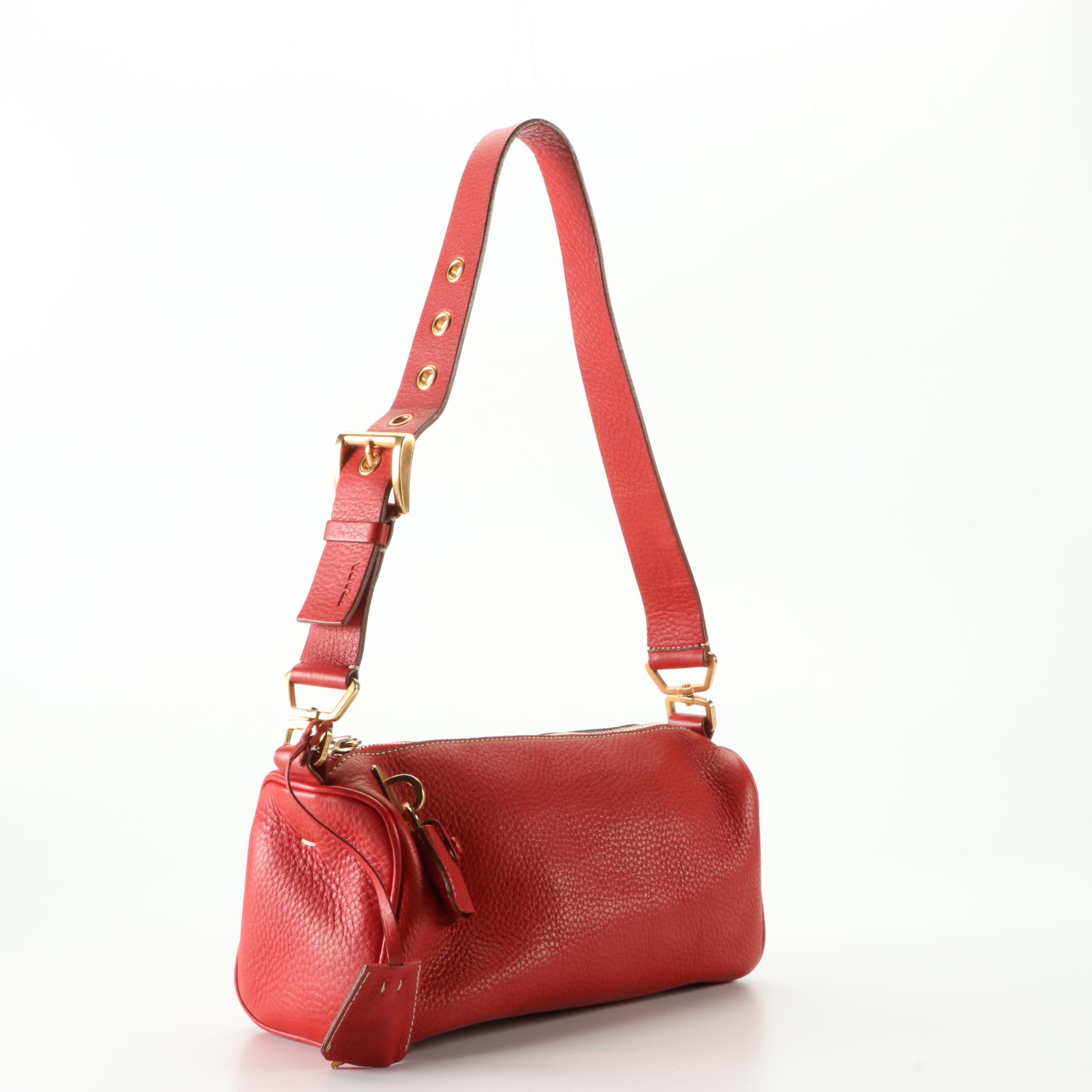 Prada Zip-Top Shoulder Bag in Red Vitello Daino Leather with Box