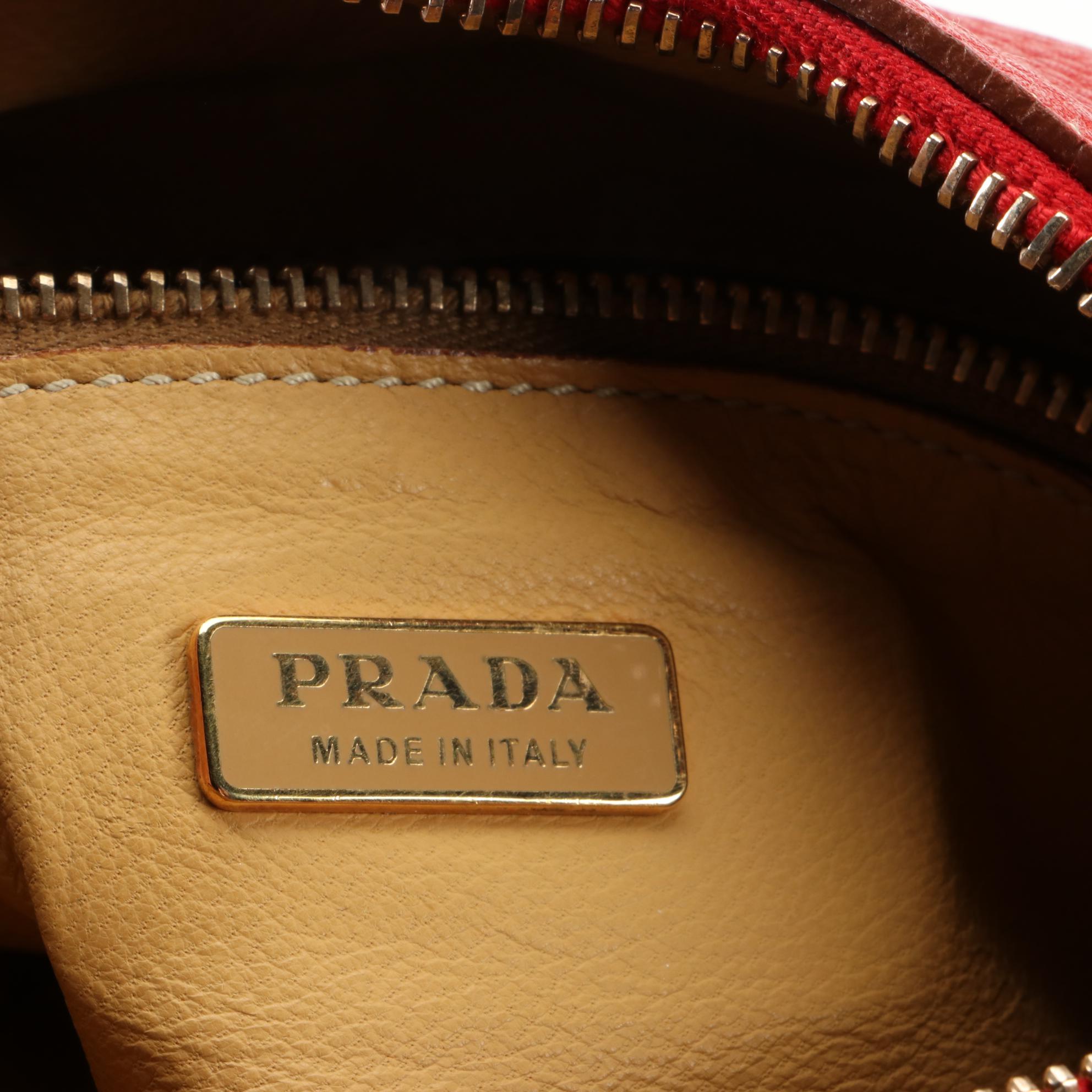 Prada Zip-Top Shoulder Bag in Red Vitello Daino Leather with Box