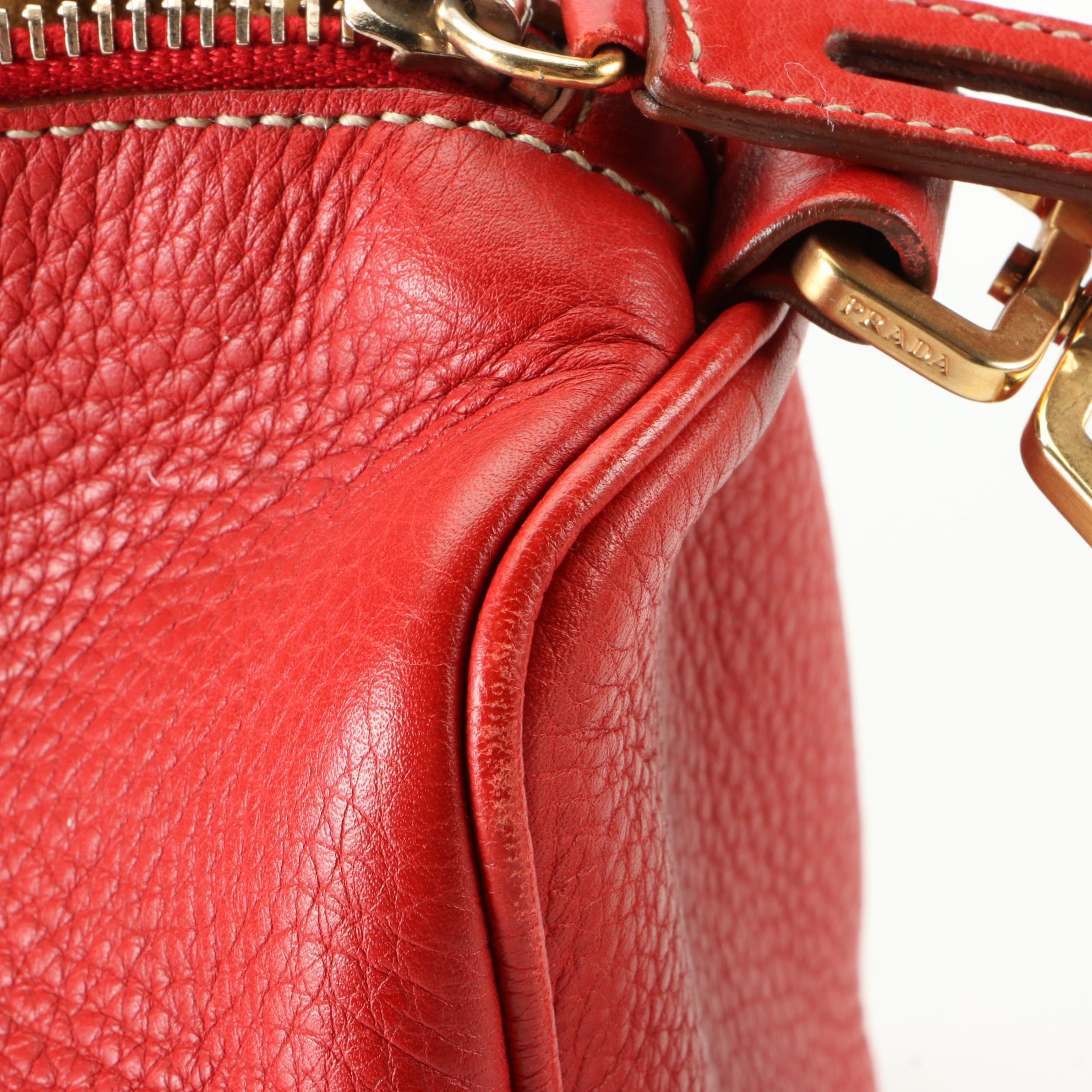 Prada Zip-Top Shoulder Bag in Red Vitello Daino Leather with Box