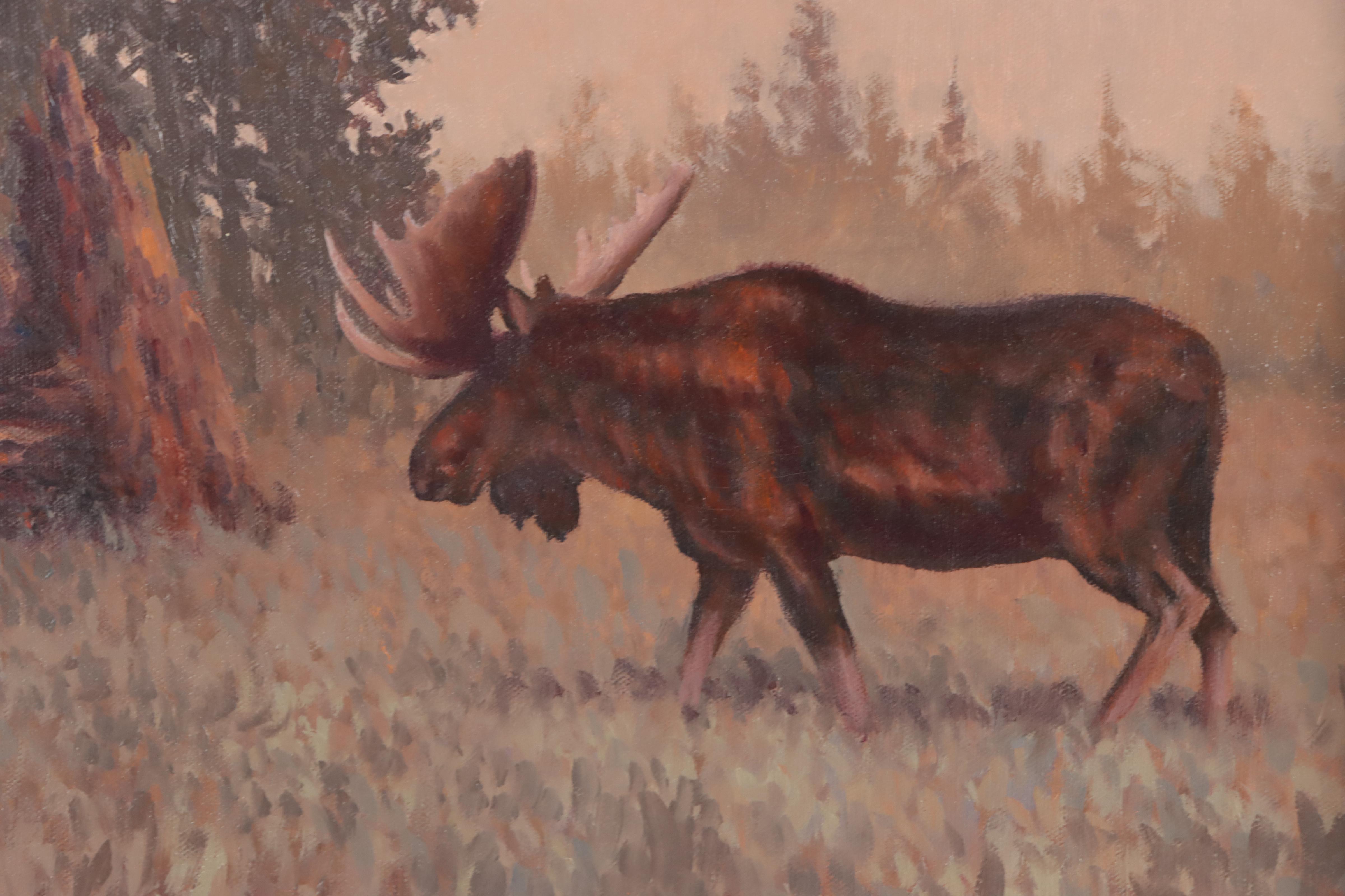 George Wise Oil Painting of Moose in Landscape, 1985