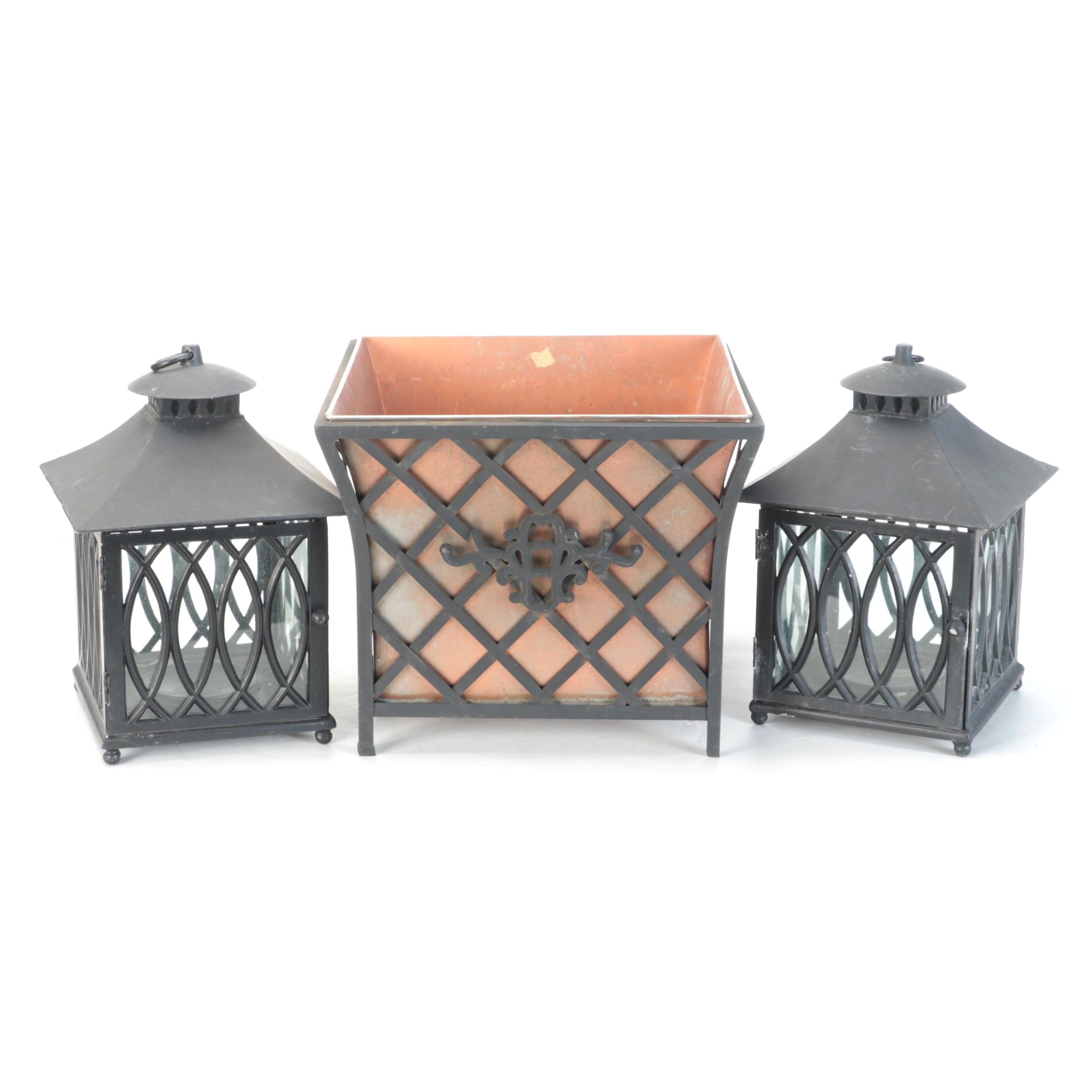 Smith & Hawken Square Copper Planter With Pair of Lattice Work Candle