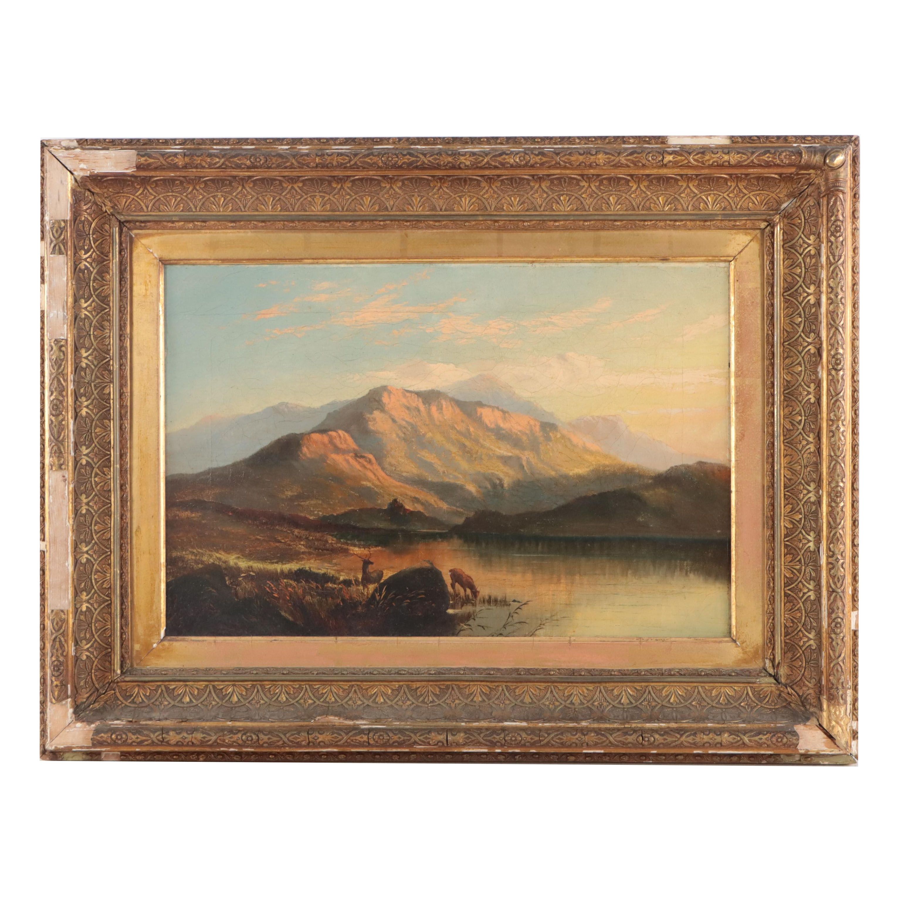 Mountain Lake Landscape Oil Painting, 19th Century