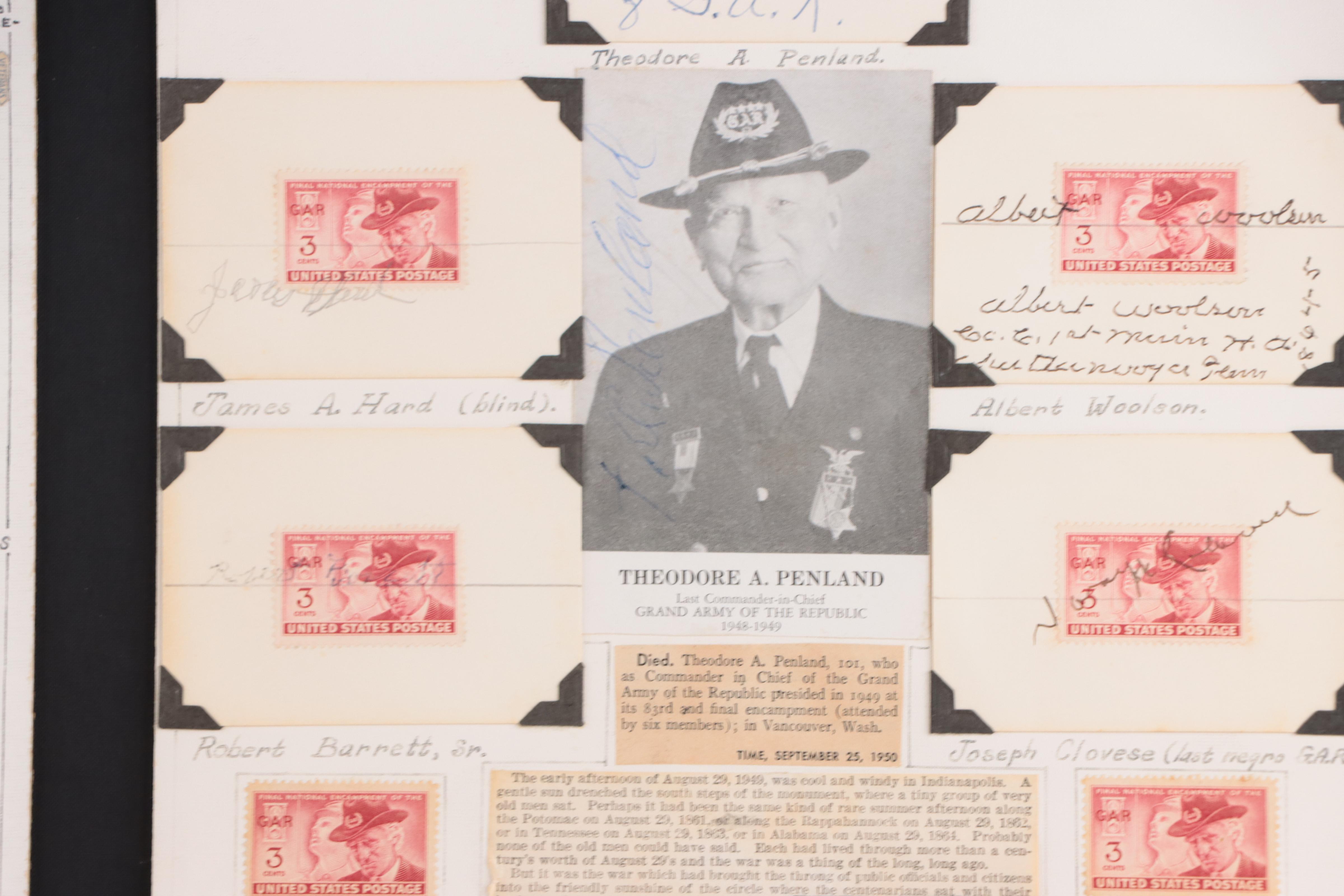 American Civil War Stamp Collection Display Featuring Veteran Ephemera