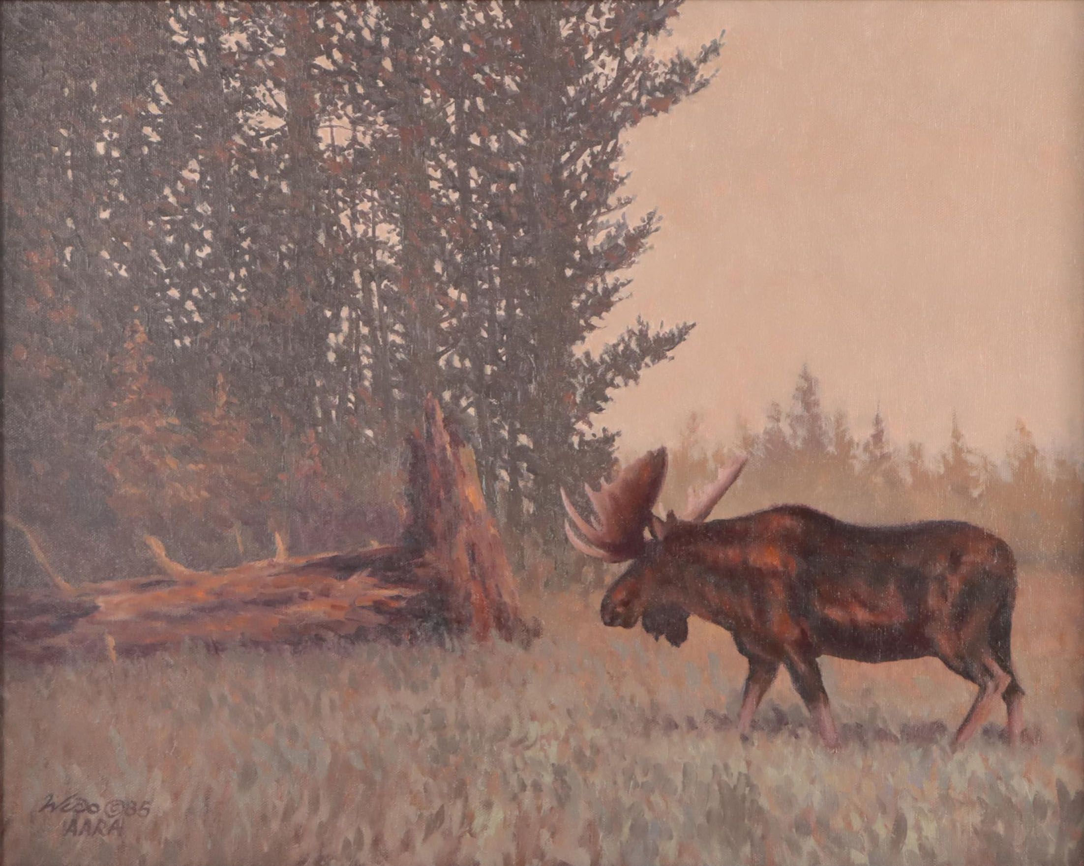 George Wise Oil Painting of Moose in Landscape, 1985