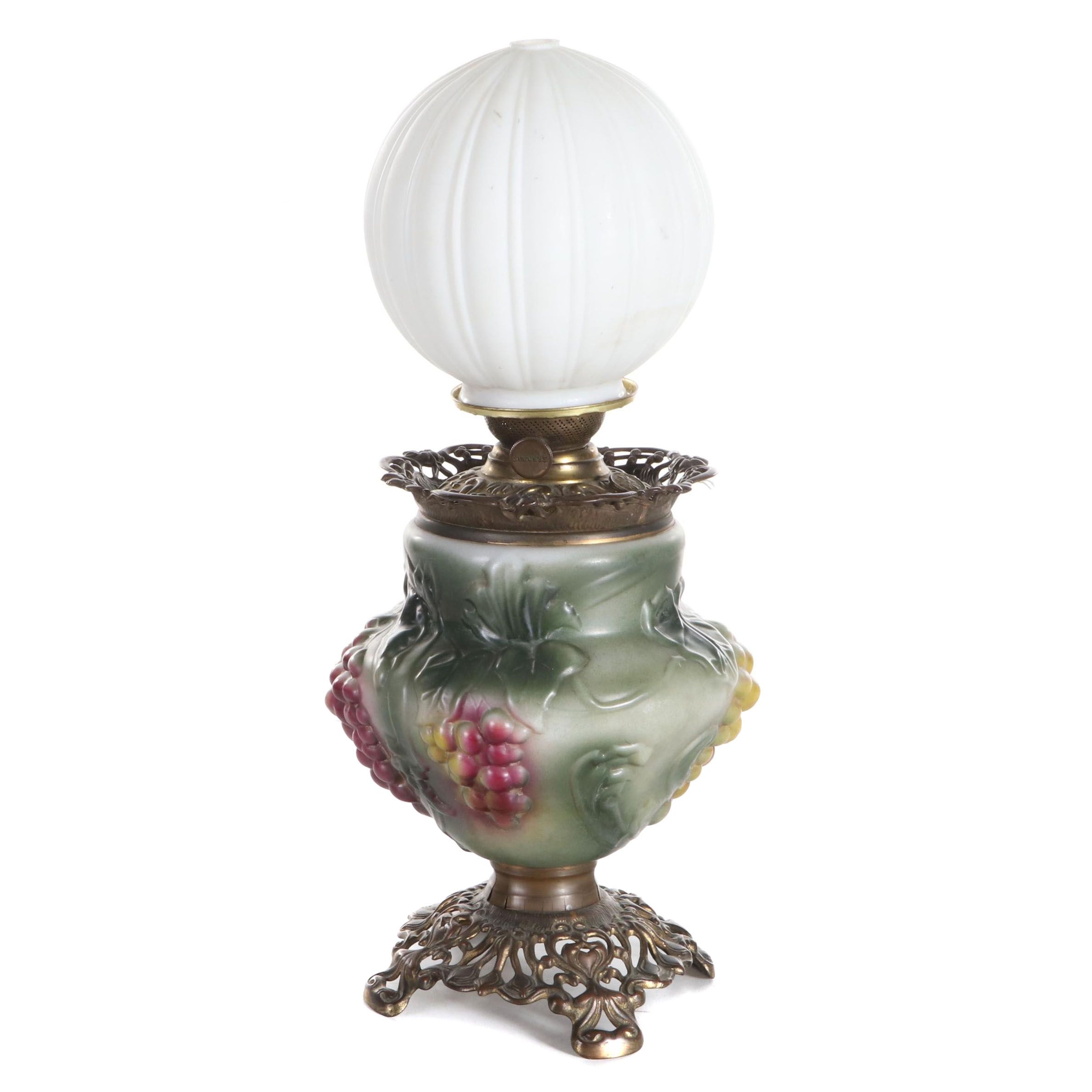 Pressed Glass Success Oil Lamp With Milk Glass Orb Shade, Early 20th