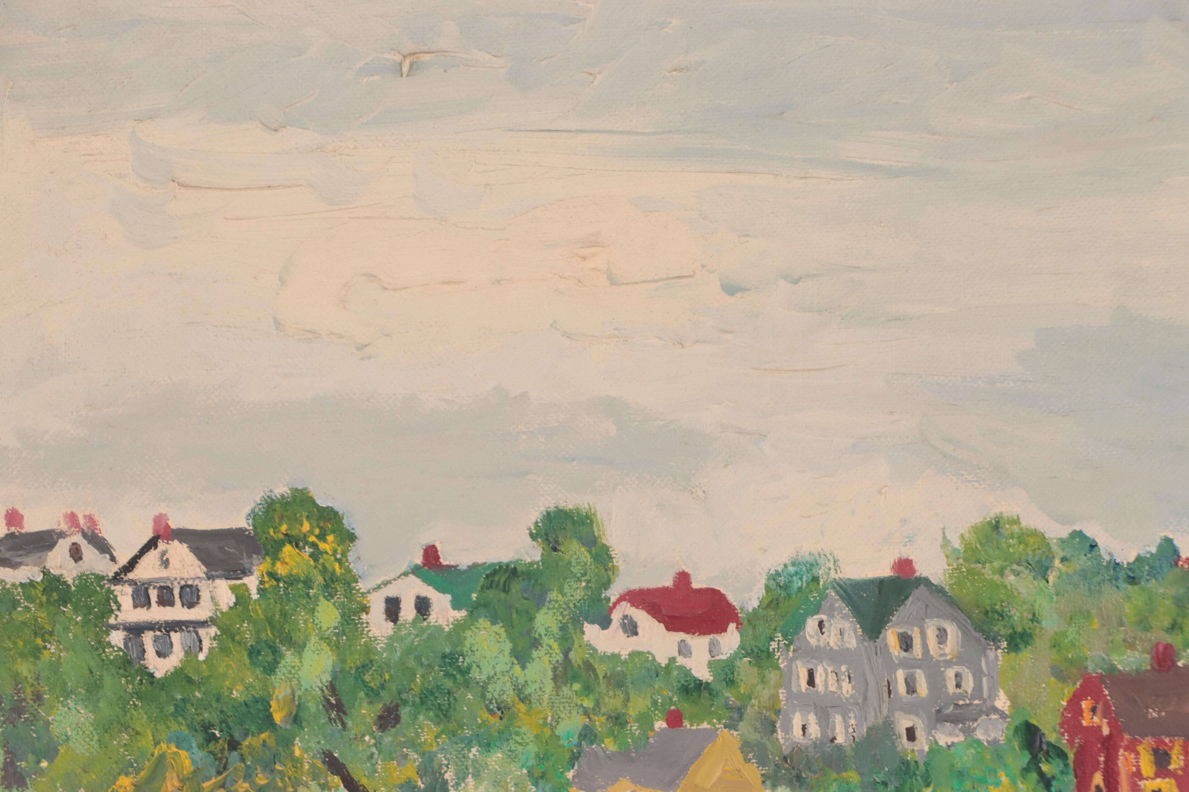 Folk Oil Painting of Sailboats Along Shoreline