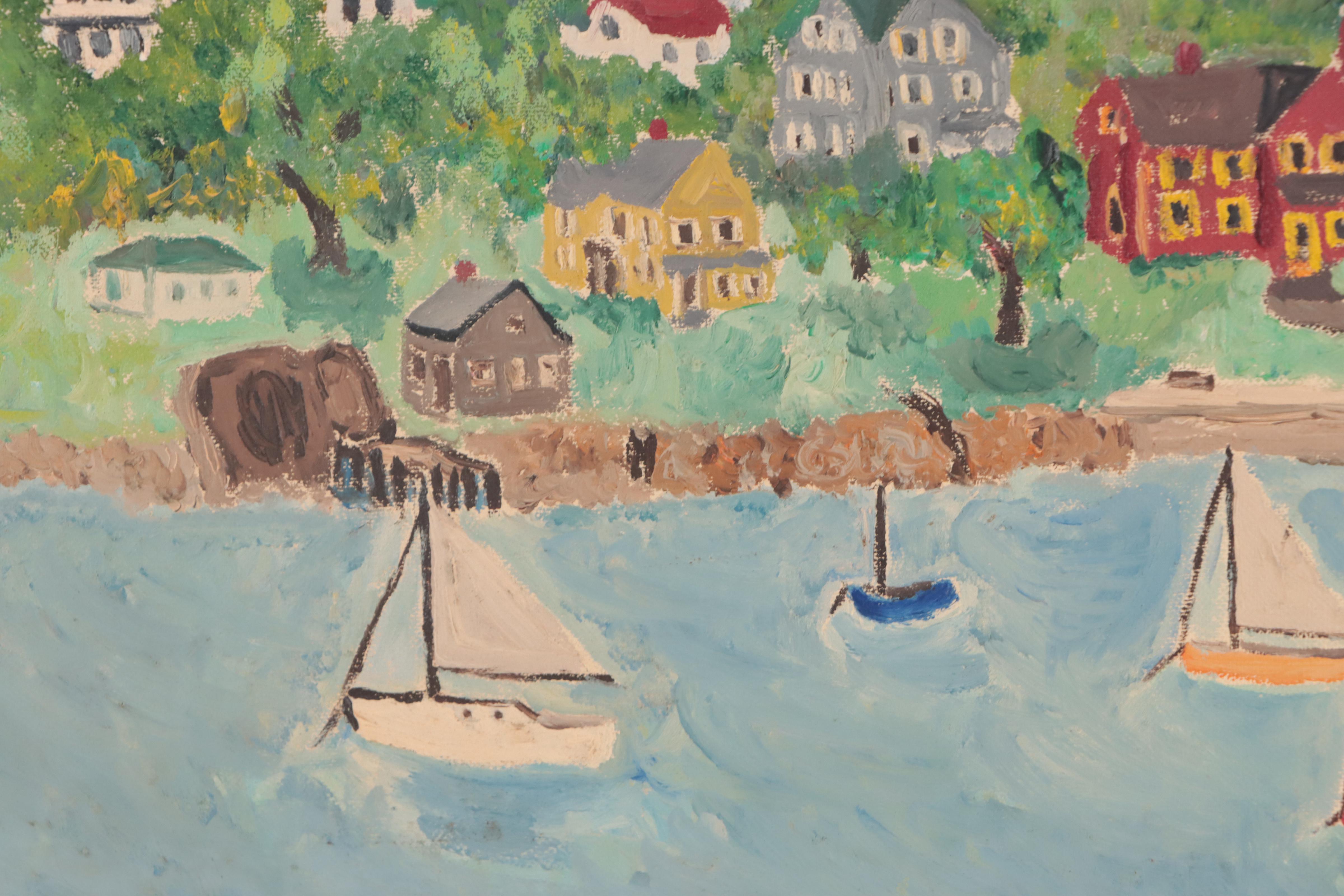 Folk Oil Painting of Sailboats Along Shoreline