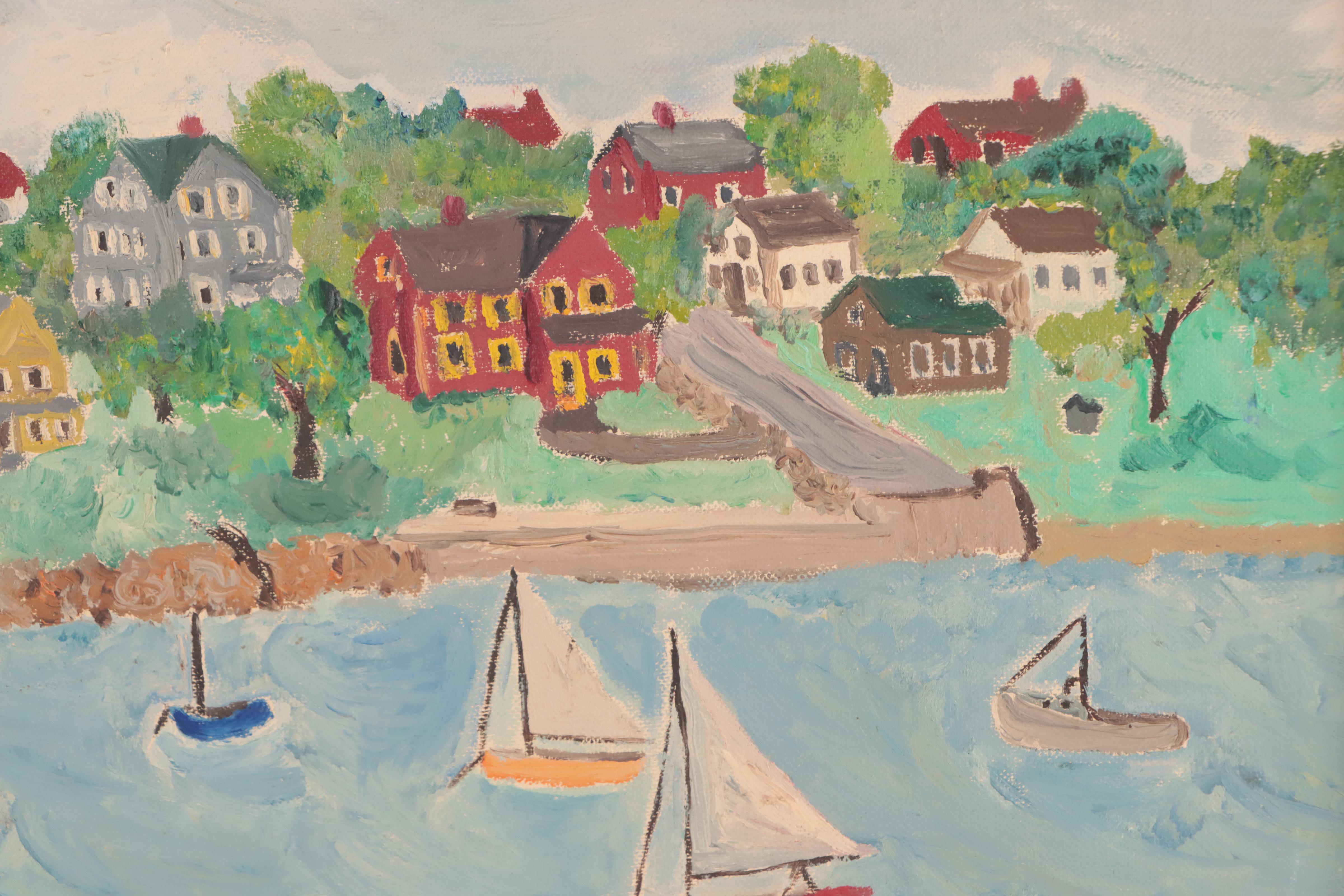 Folk Oil Painting of Sailboats Along Shoreline
