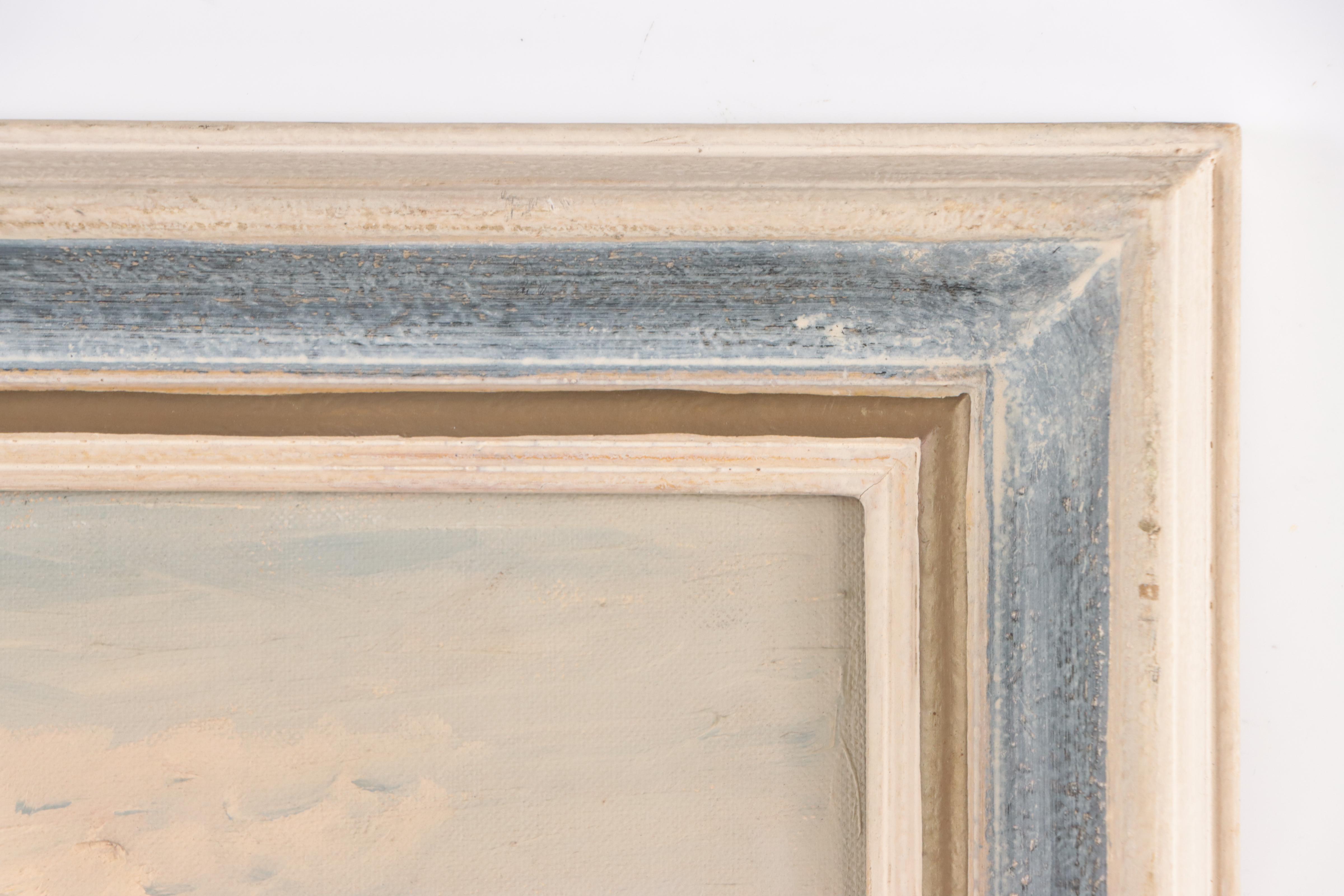 Folk Oil Painting of Sailboats Along Shoreline