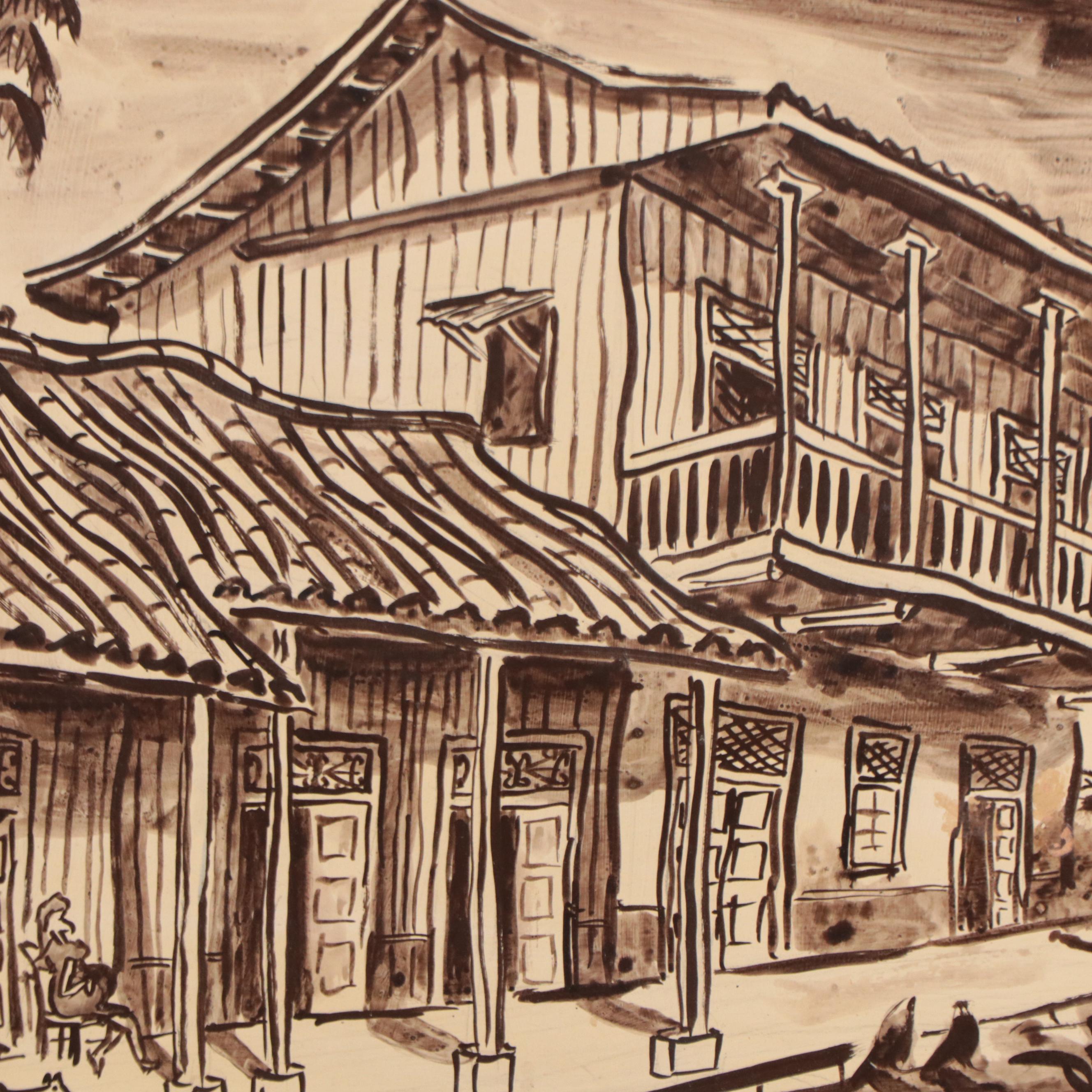 Monochrome Watercolor Painting of Street Scene, 1978