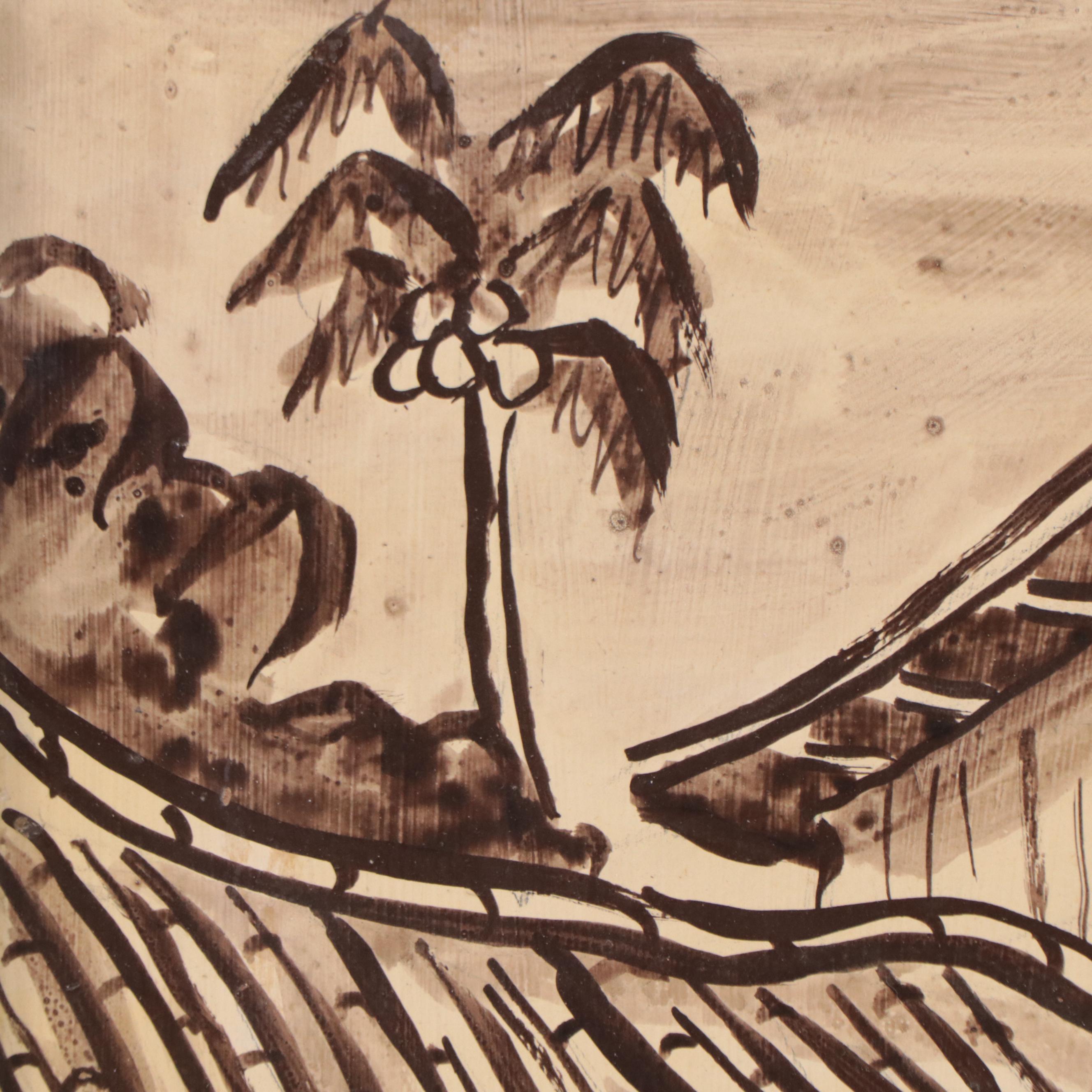 Monochrome Watercolor Painting of Street Scene, 1978