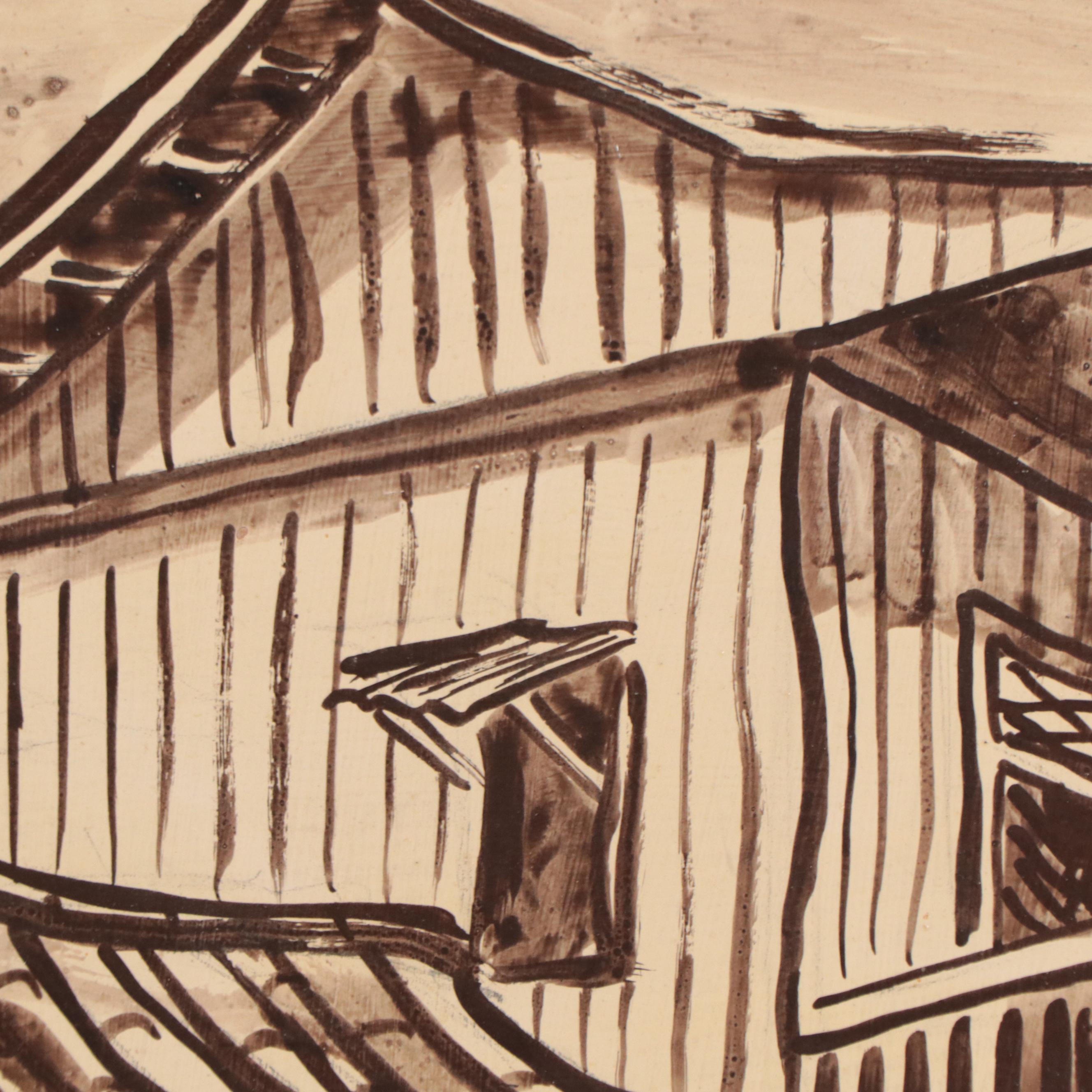 Monochrome Watercolor Painting of Street Scene, 1978