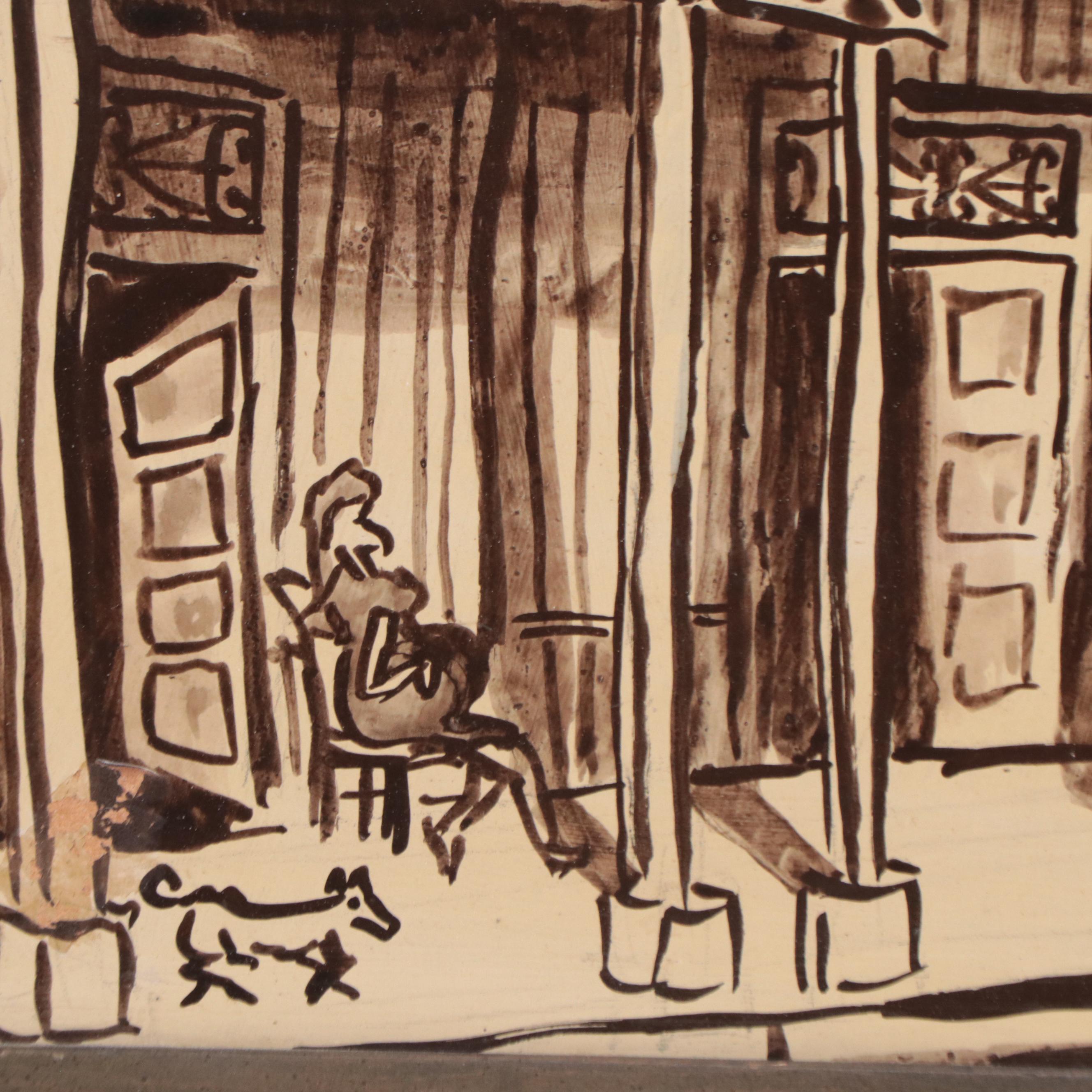 Monochrome Watercolor Painting of Street Scene, 1978