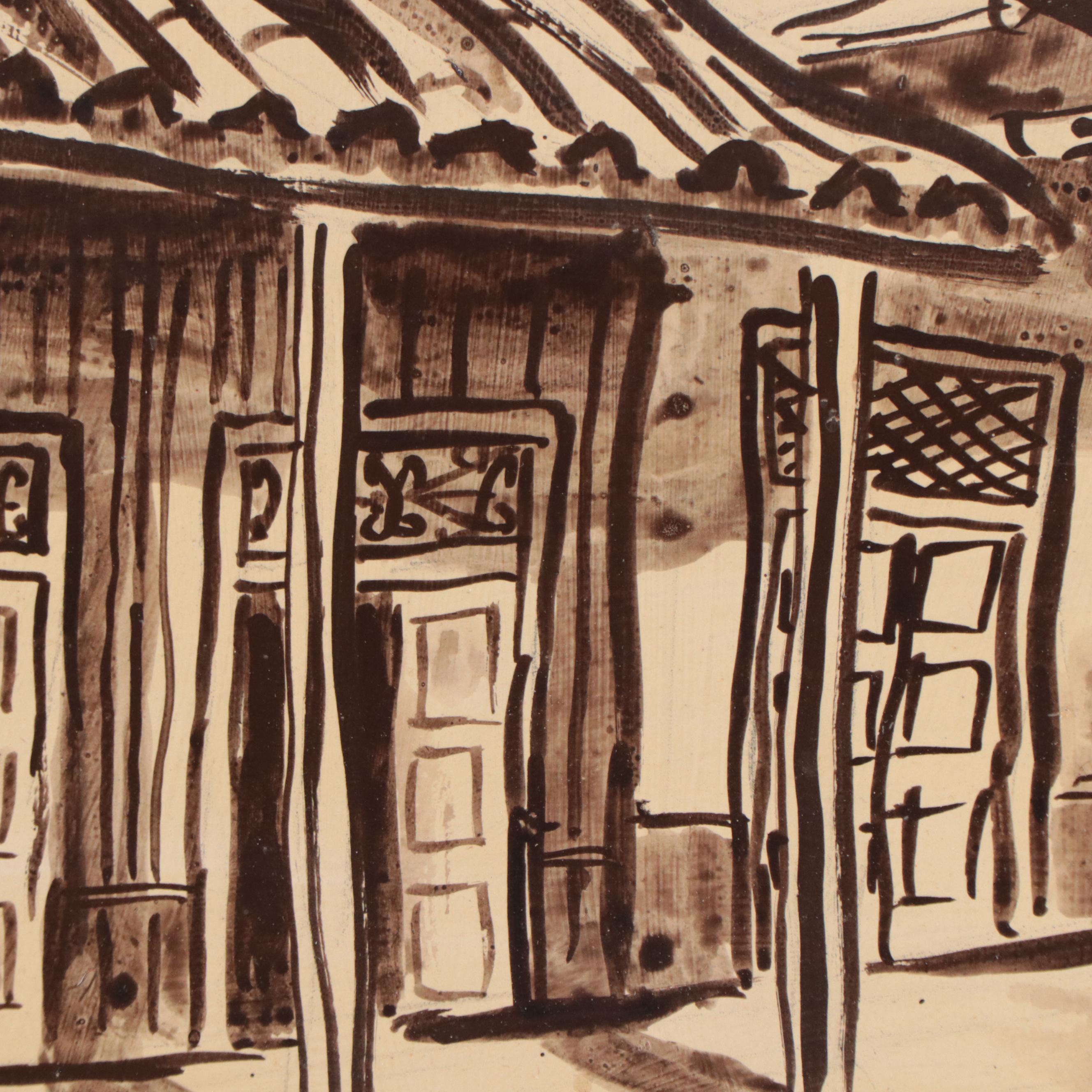Monochrome Watercolor Painting of Street Scene, 1978
