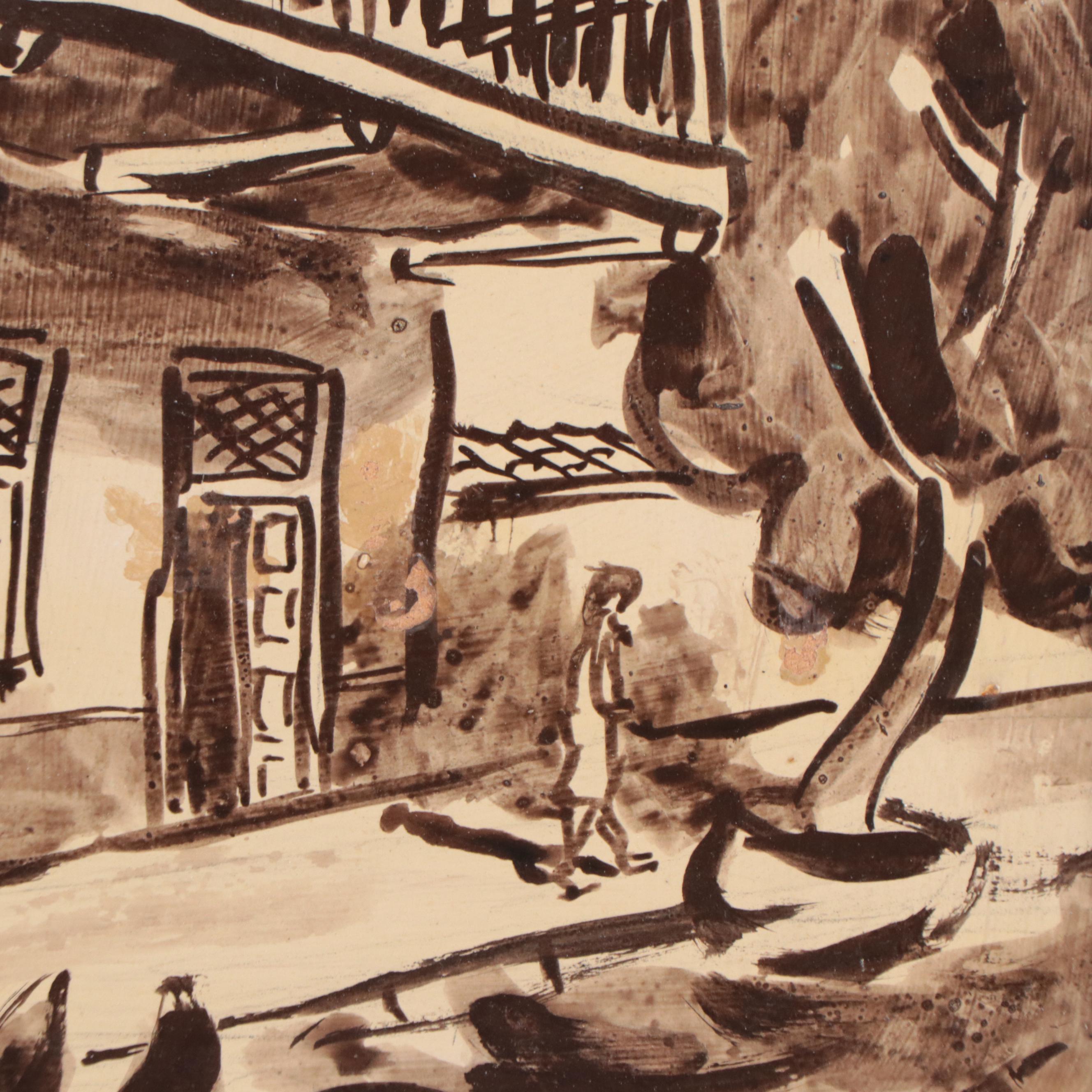 Monochrome Watercolor Painting of Street Scene, 1978