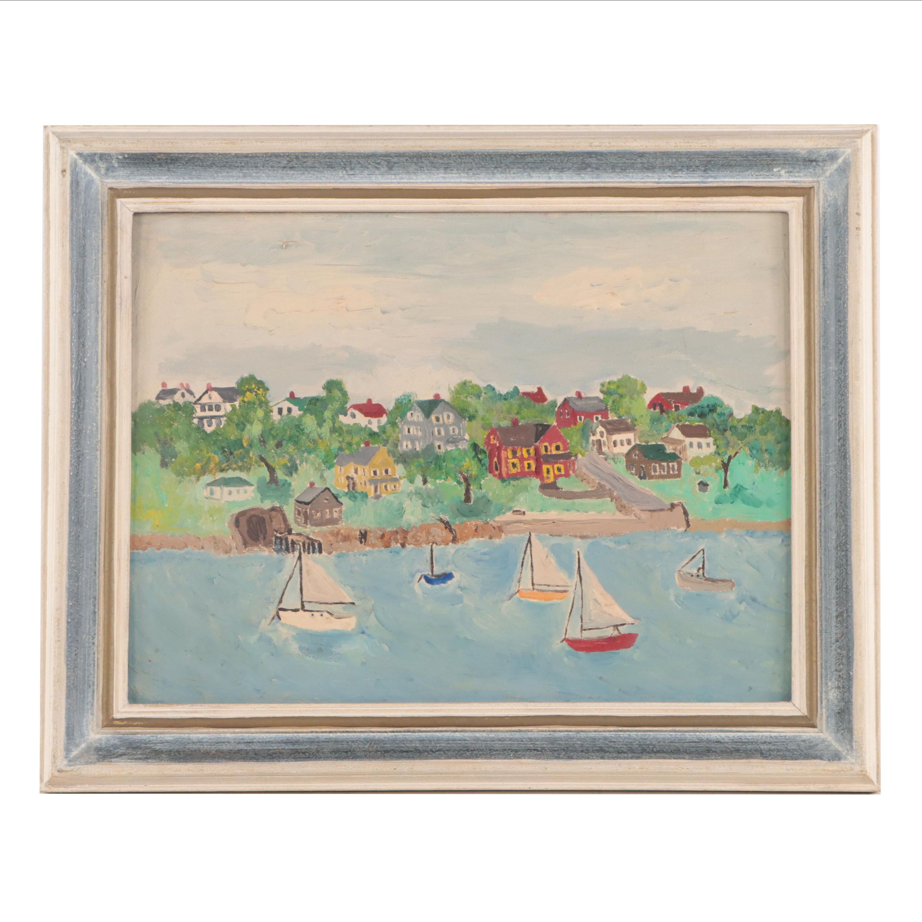 Folk Oil Painting of Sailboats Along Shoreline