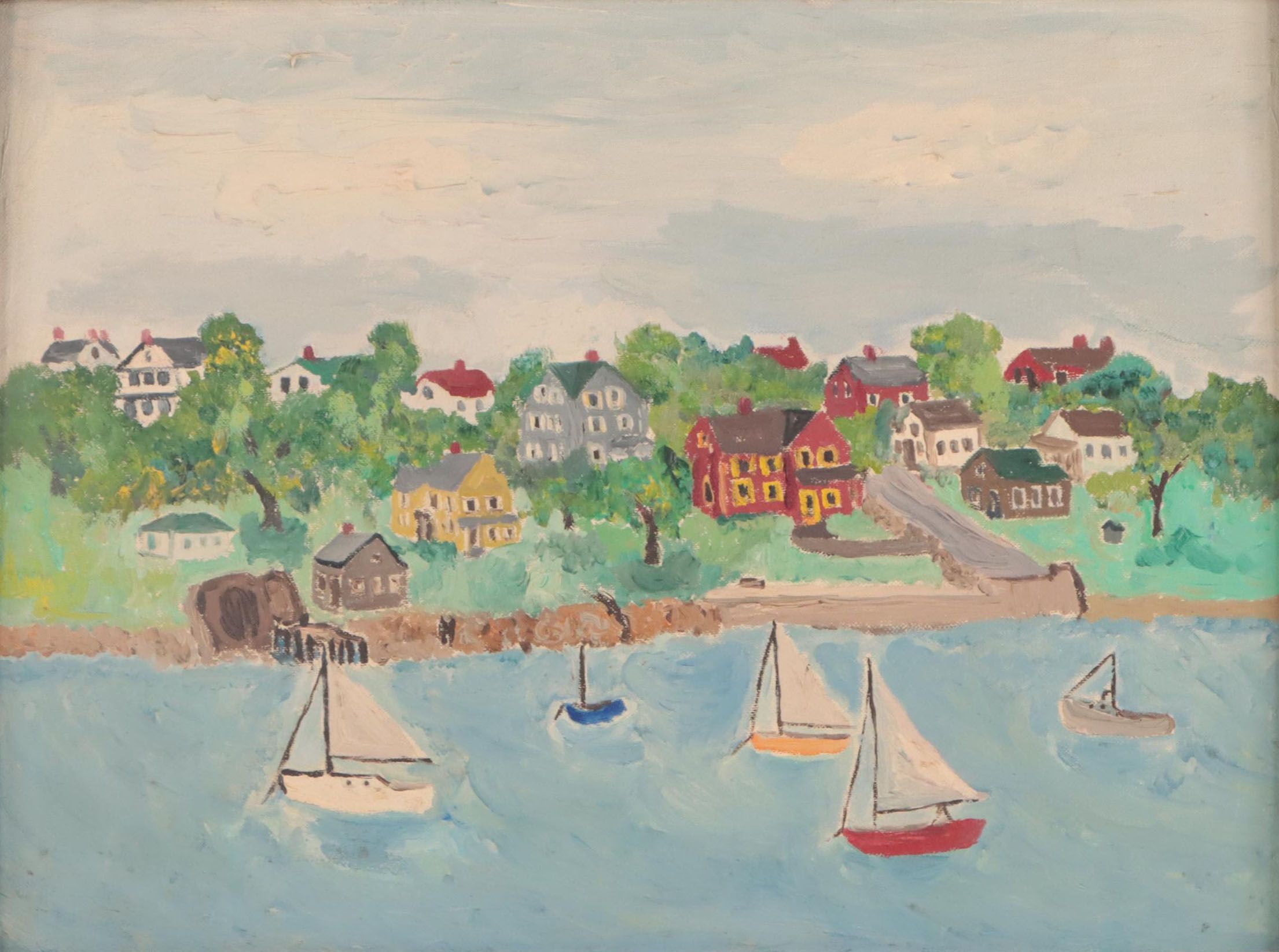 Folk Oil Painting of Sailboats Along Shoreline