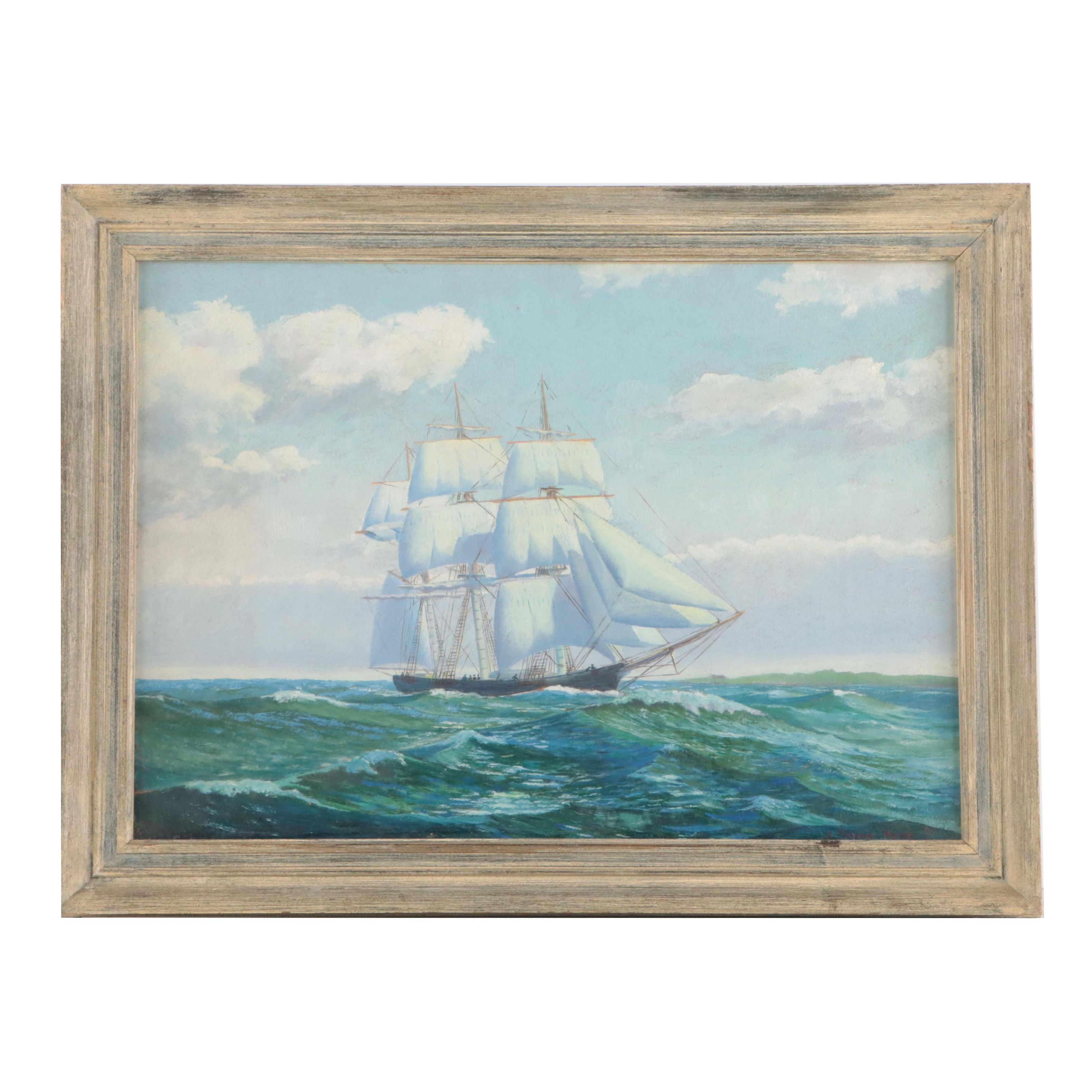 Stanley Jerome Hoxie Oil Painting of Sailing Ship, 1937