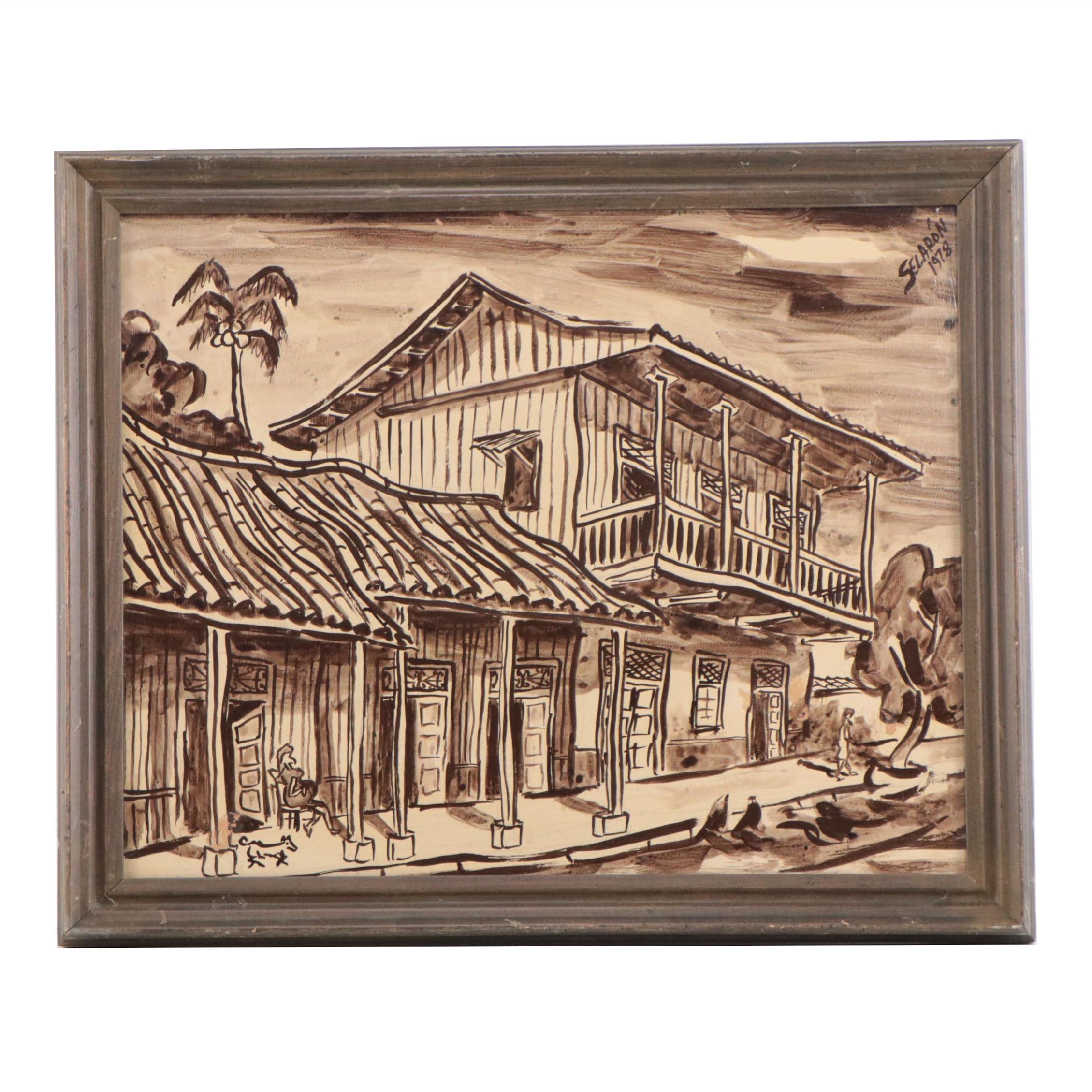 Monochrome Watercolor Painting of Street Scene, 1978