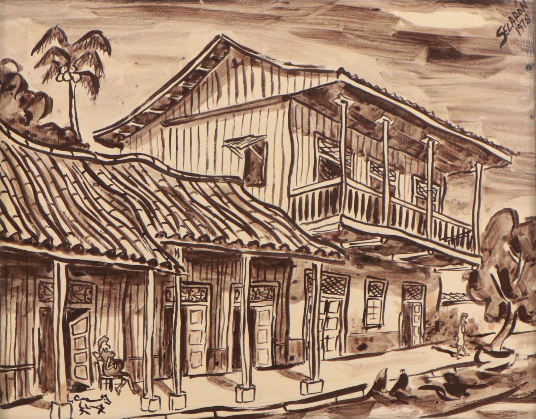Monochrome Watercolor Painting of Street Scene, 1978