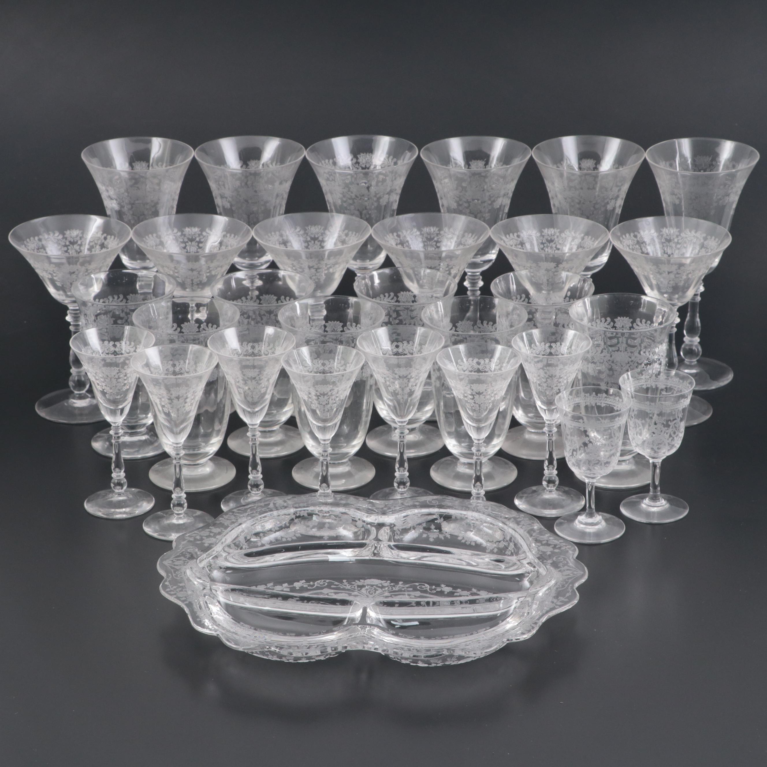 Bryce Glass "Fern Leaf" Needle Etched Stemware and Tray