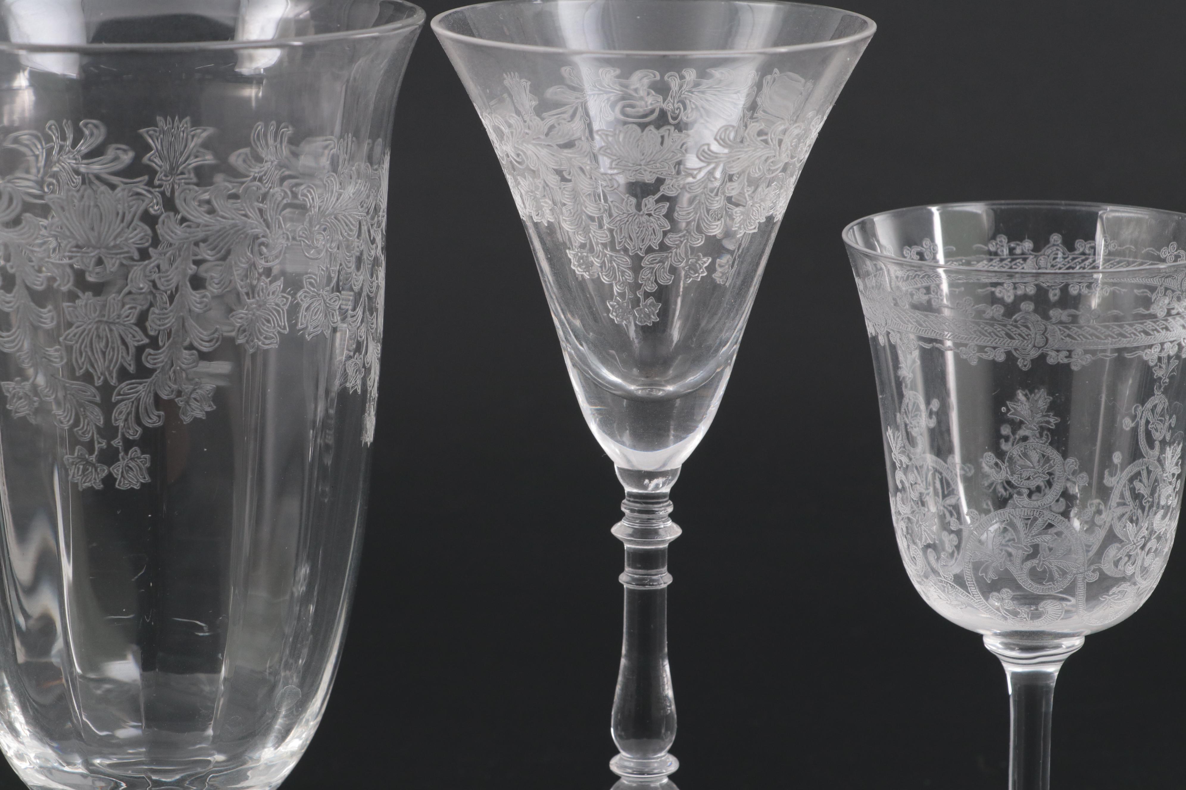Bryce Glass "Fern Leaf" Needle Etched Stemware and Tray