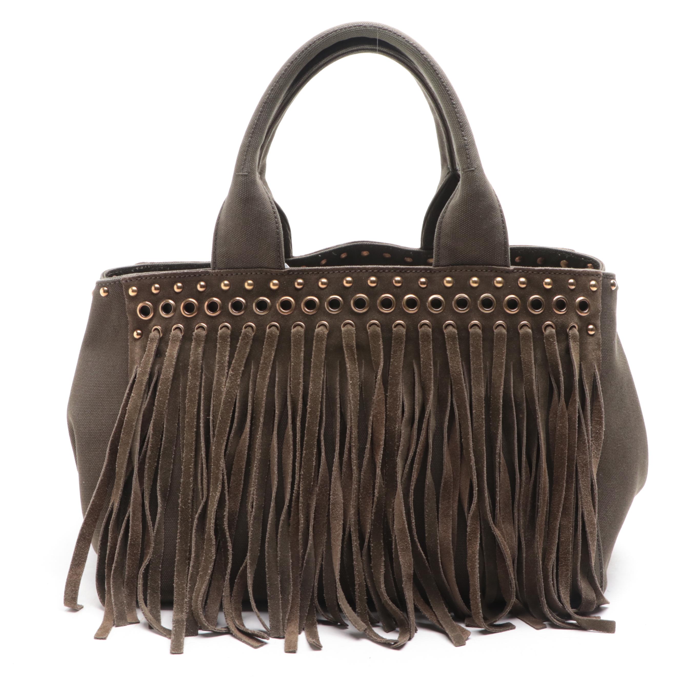 Prada Fringe and Grommet Tote in Militare Canvas and Suede