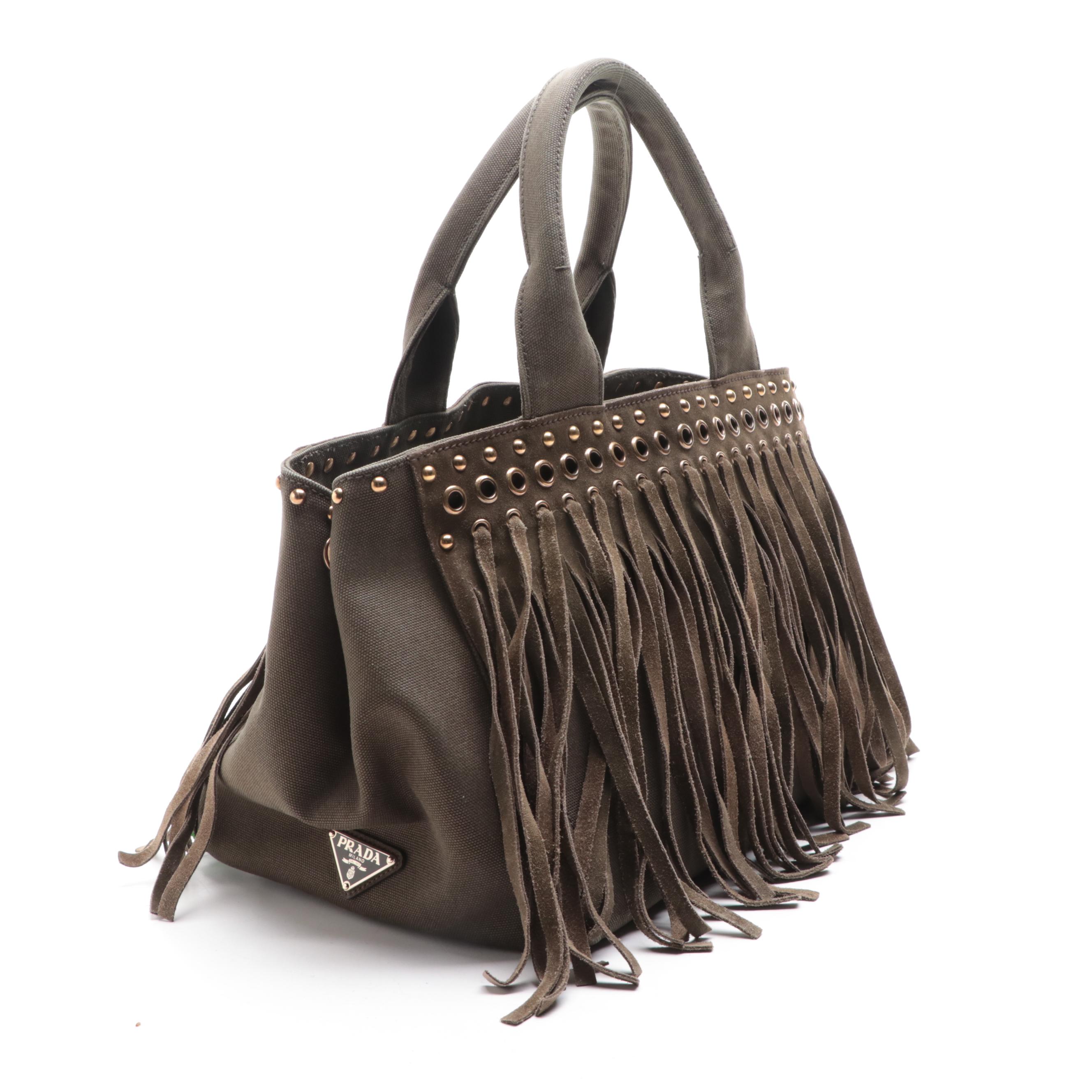 Prada Fringe and Grommet Tote in Militare Canvas and Suede