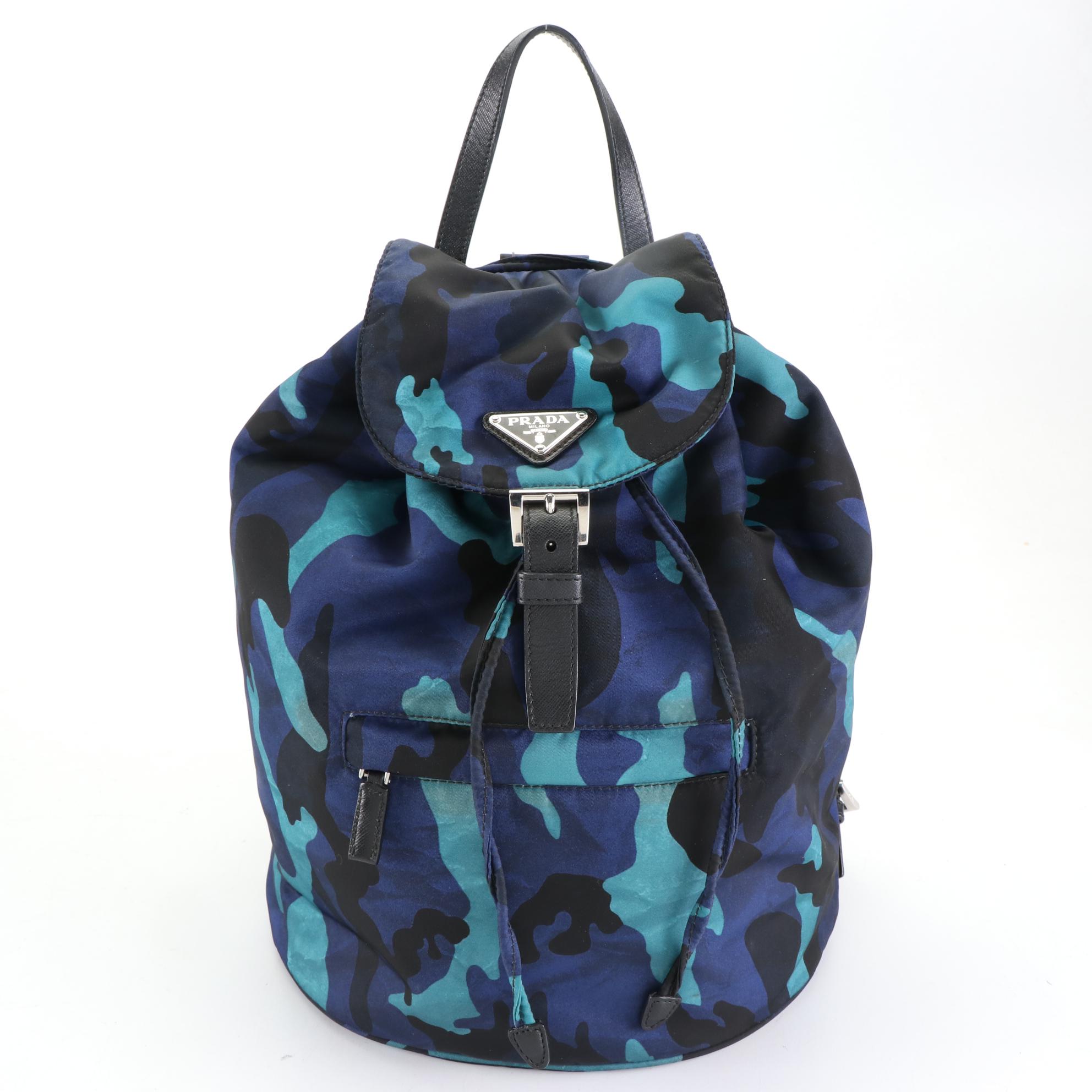 Prada Drawstring Backpack in Blue Camouflage and Saffiano Leather