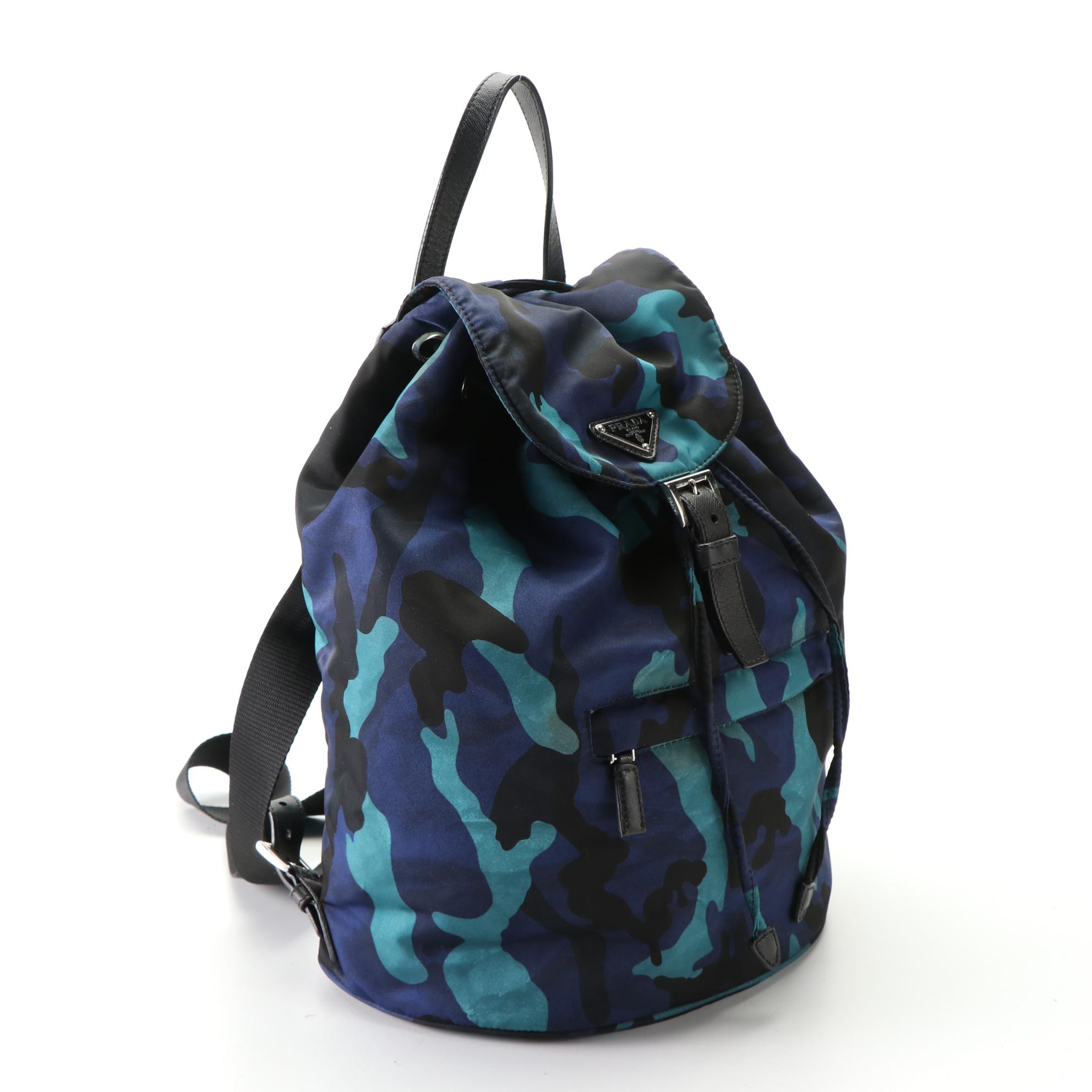 Prada Drawstring Backpack in Blue Camouflage and Saffiano Leather