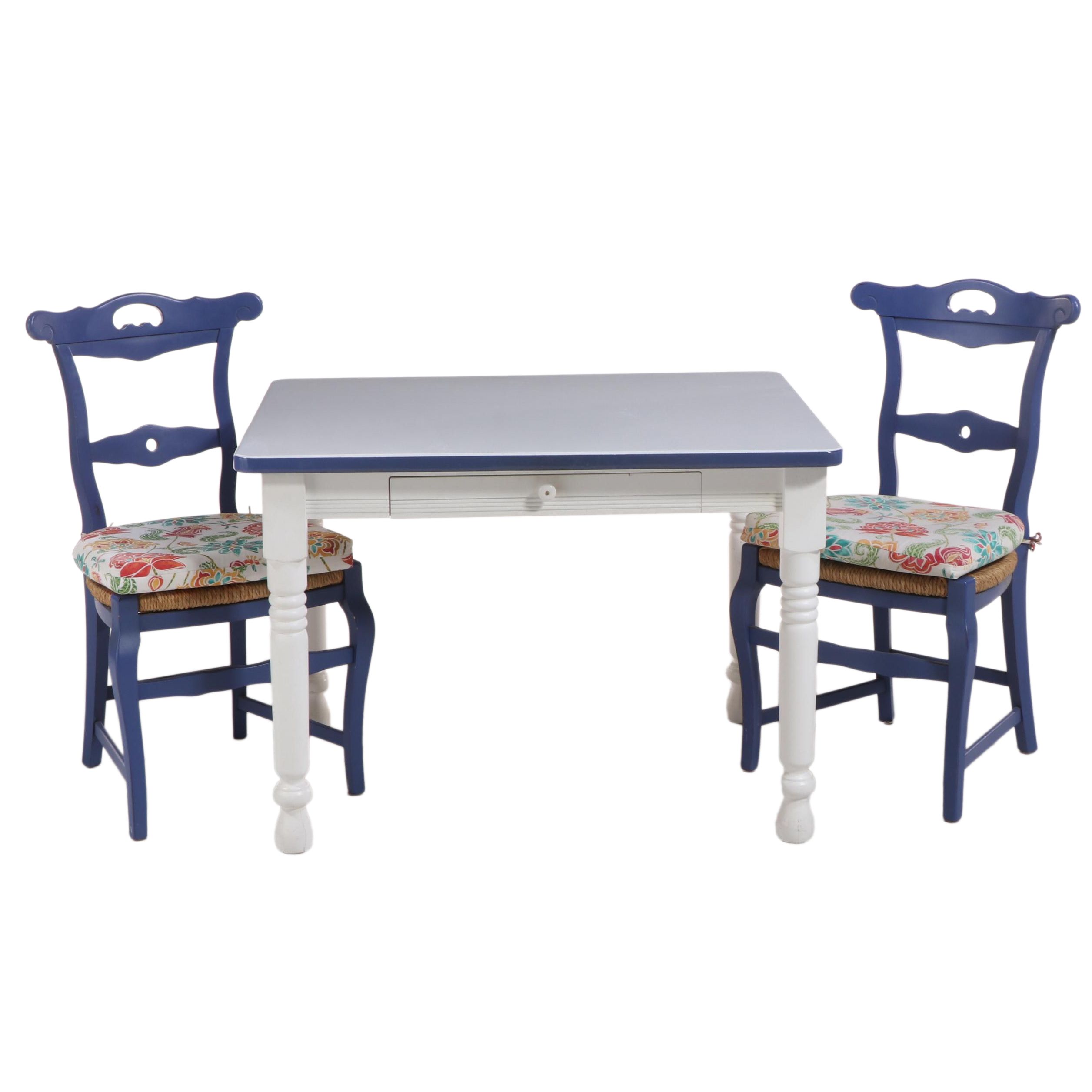 Three-Piece French Provincial Style Painted Dining Set with Enameled Metal Top