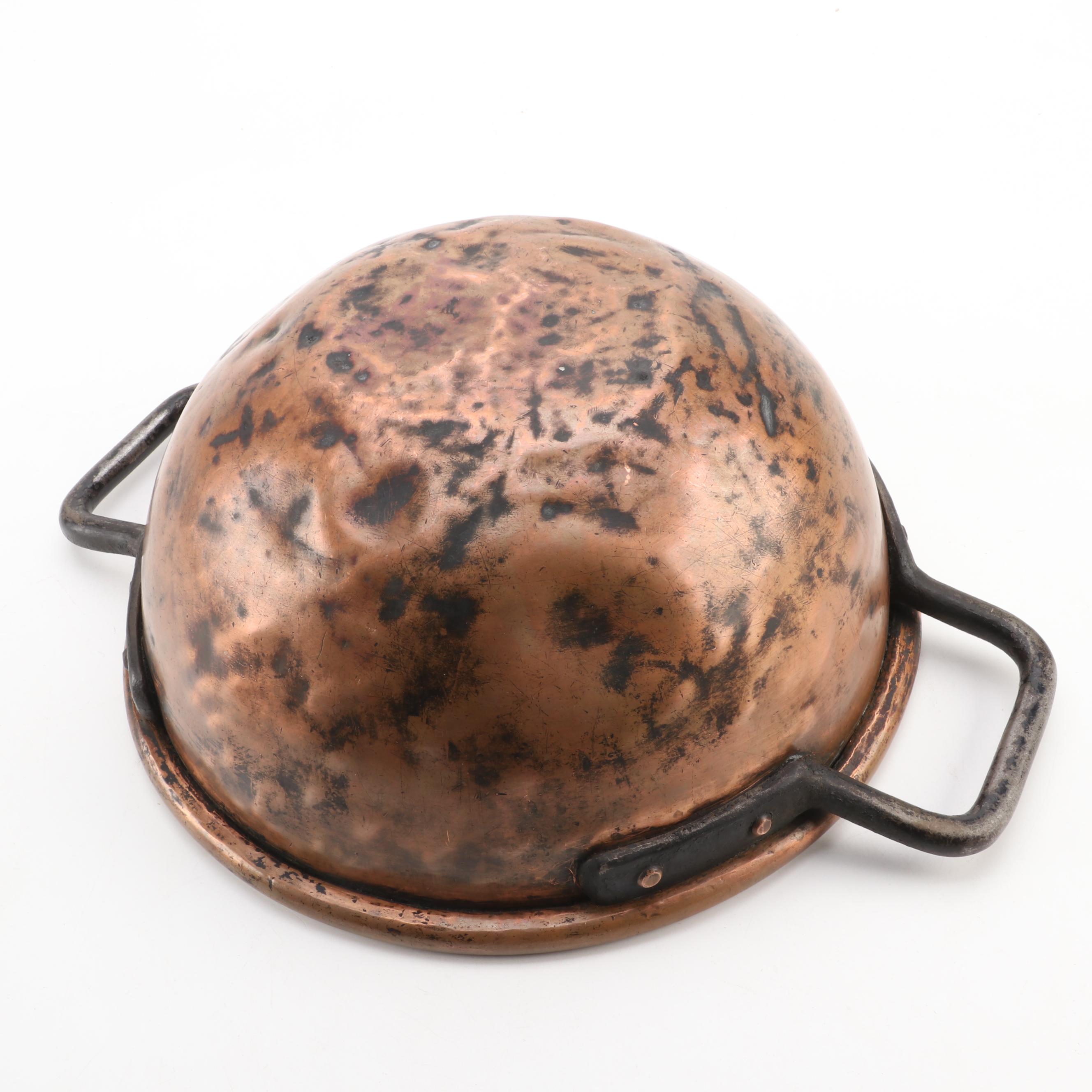 Hammered Copper Mixing Bowl With Cast Iron Handles, 20th Century