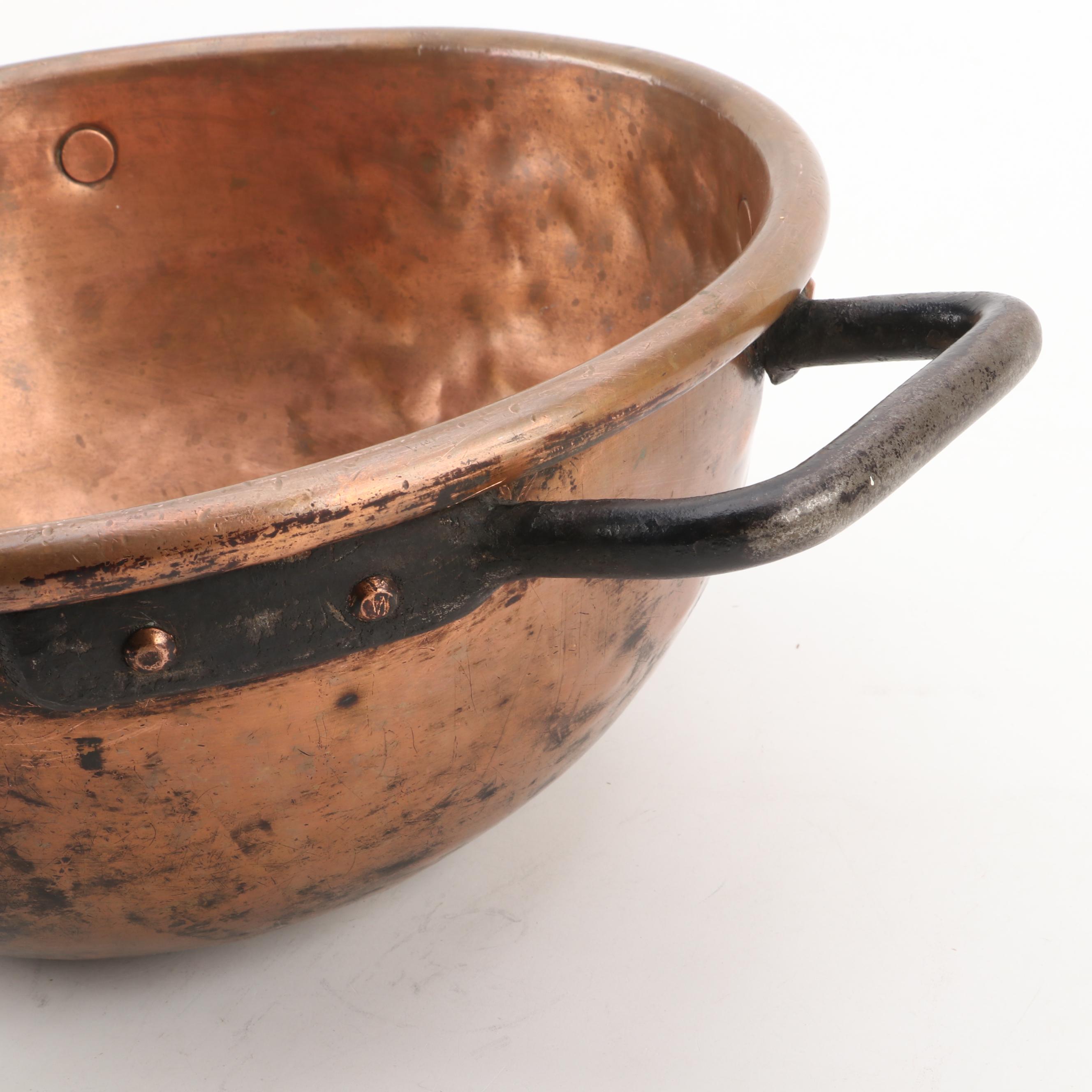 Hammered Copper Mixing Bowl With Cast Iron Handles, 20th Century