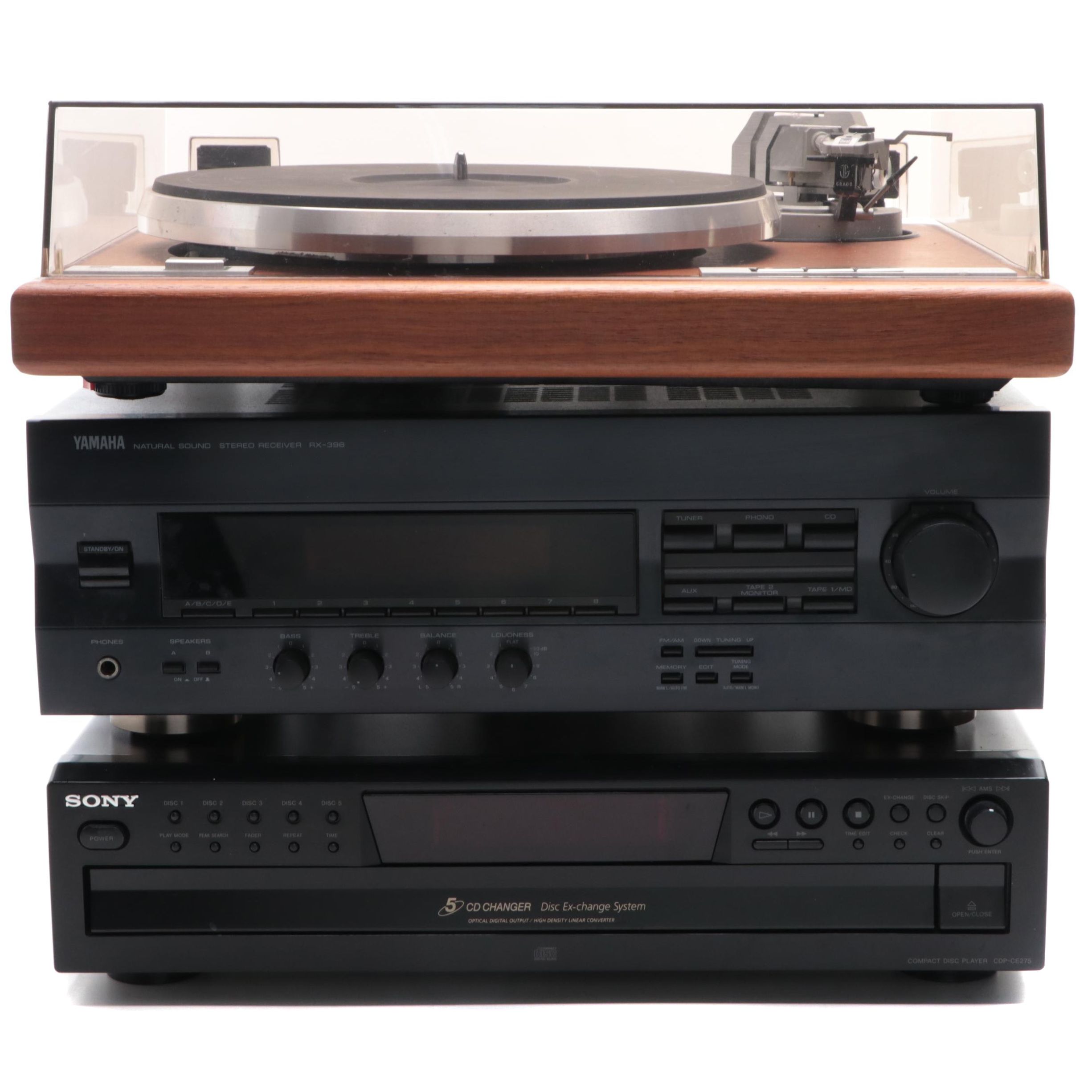 Sony CD Changer, Yamaha Receiver, and Dual Turntable