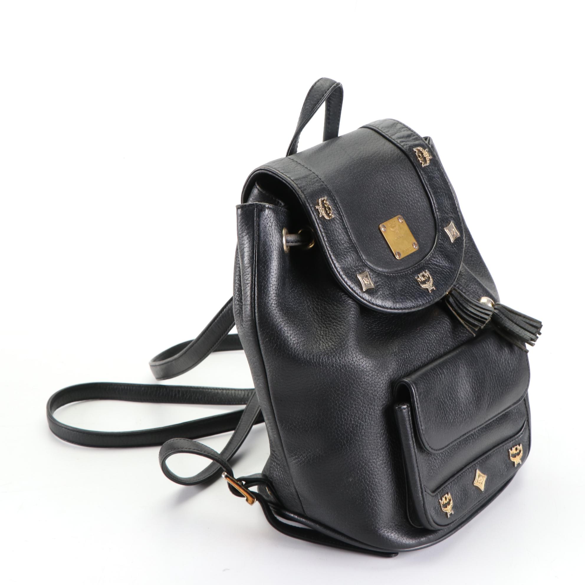MCM Backpack in Black Grained Leather with Studded Logos