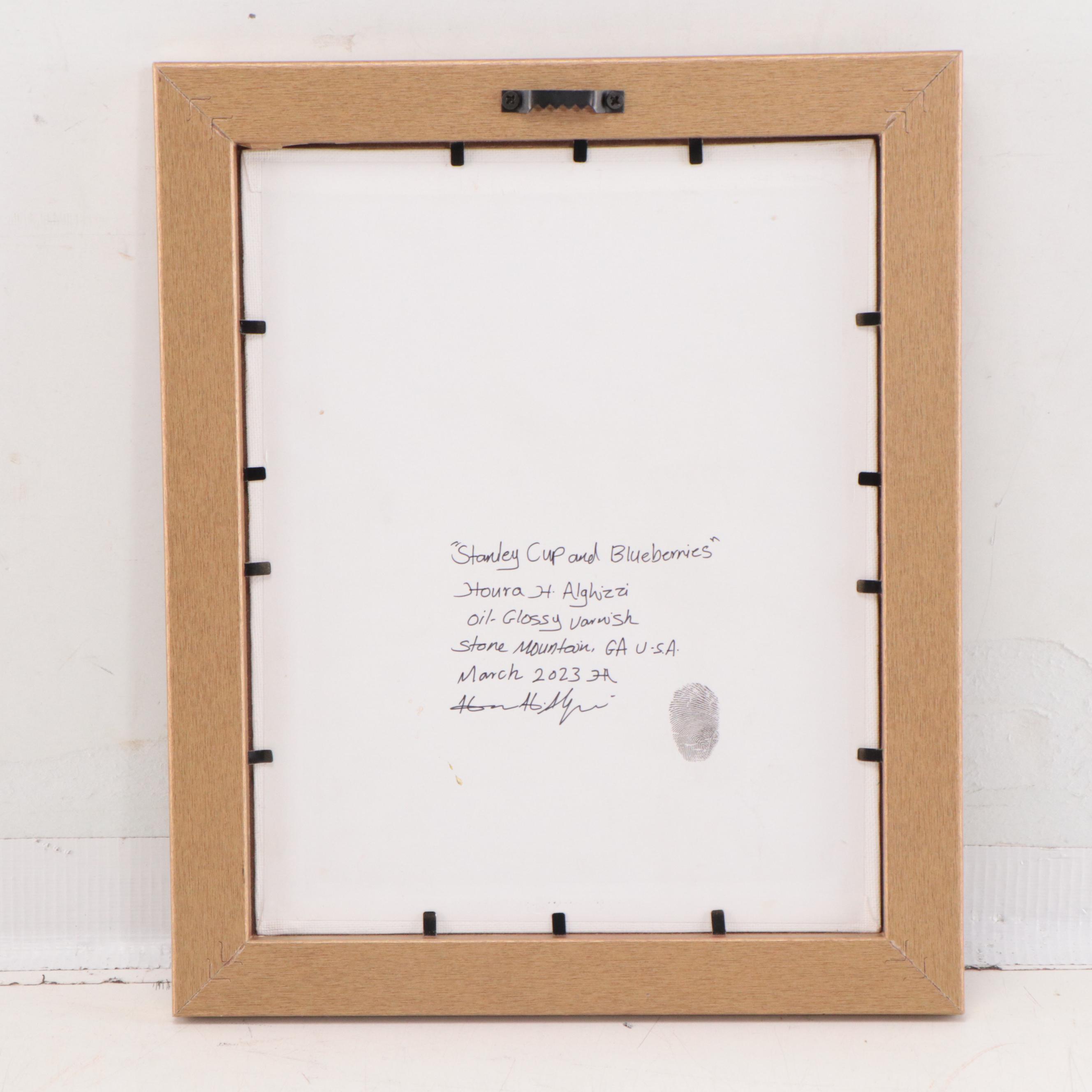 Houra H. Alghizzi Still Life Oil Painting "Stanley Cup and Blueberries," 2023