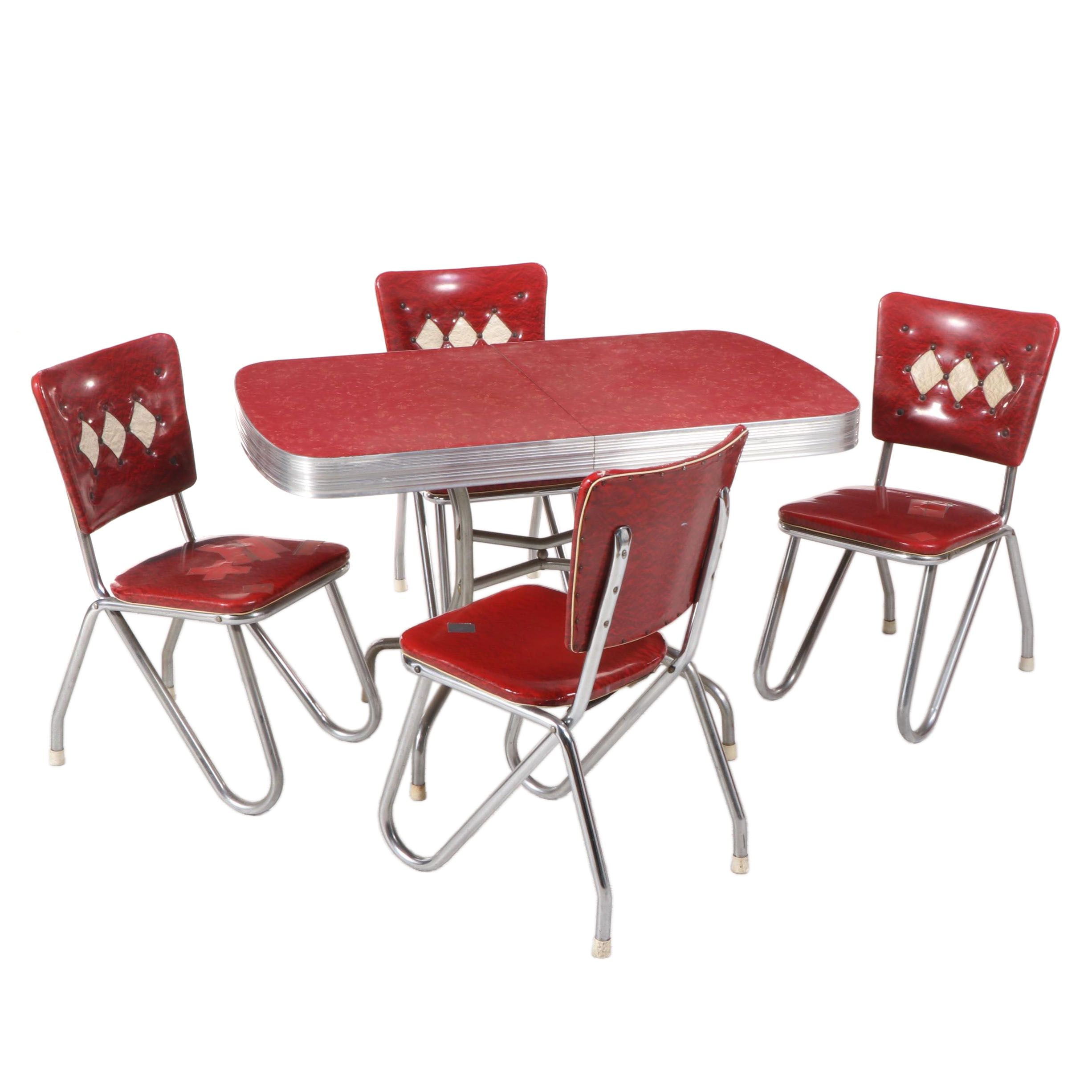 Mid Century Modern Red Laminate, Vinyl and Chrome Five-Piece Dinette Set
