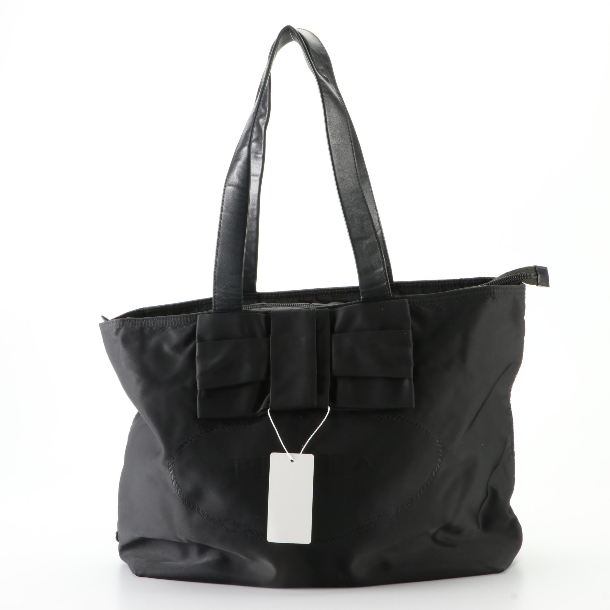 Prada Canapa Logo Shoulder Bag in Tessuto Nylon and Leather with Bow