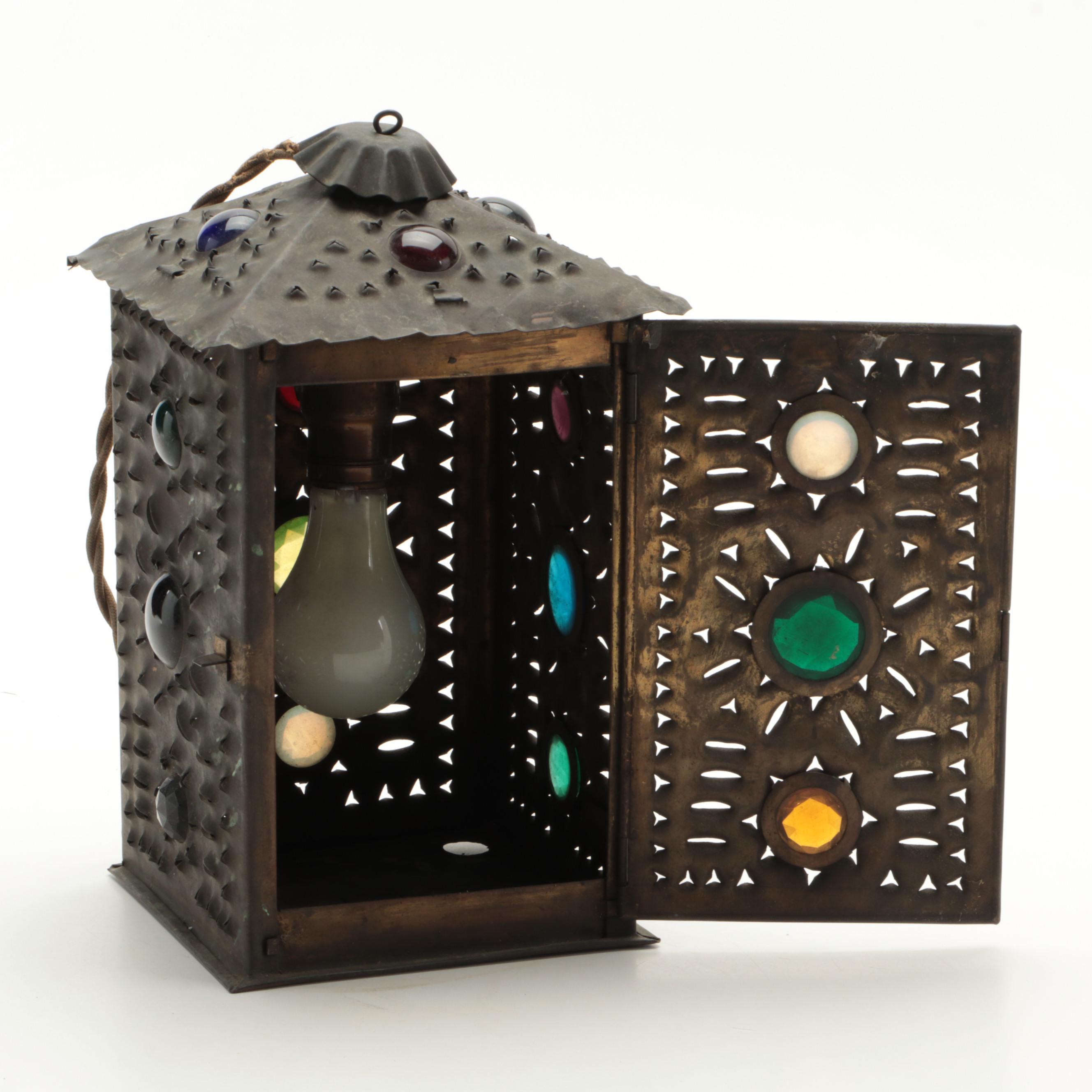 Jeweled Inset Pierced Metal Pendant Light, Early to Mid-20th C