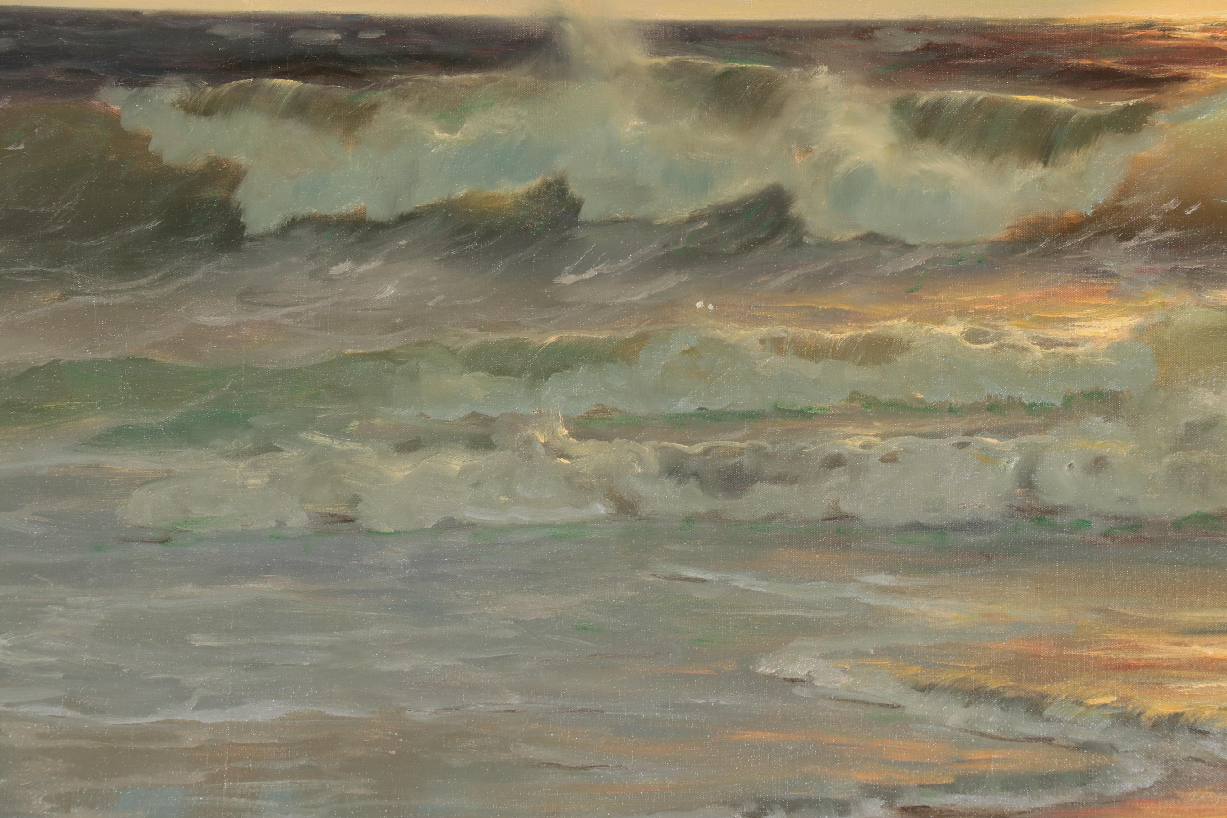 Jensen Large-Scale Seascape Oil Painting of Crashing Waves at Sunset