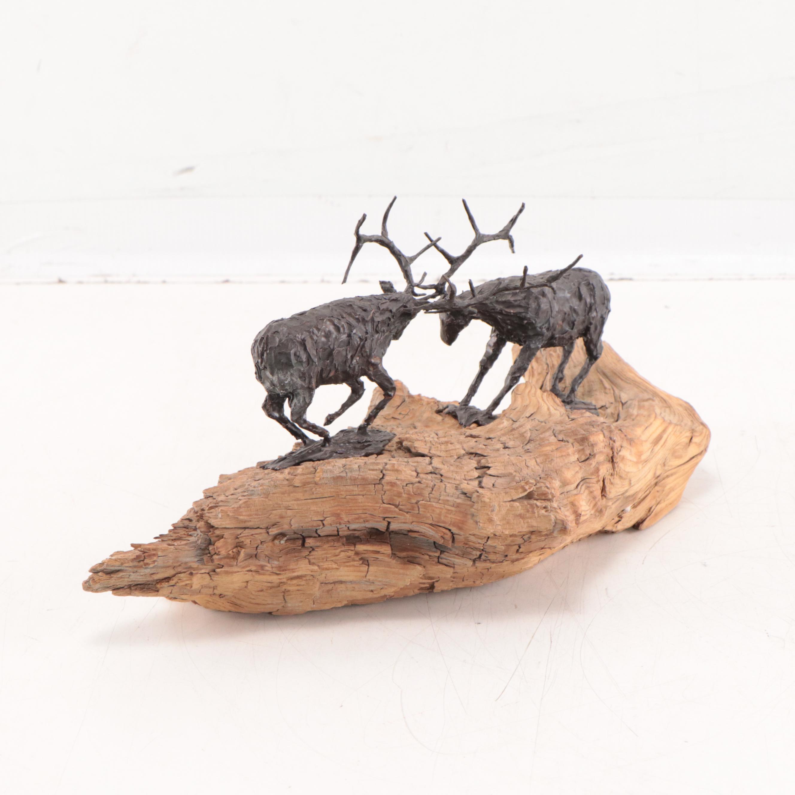 Leigh Aldrich Bronze Sculpture of Dueling Elk on Driftwood, 2001