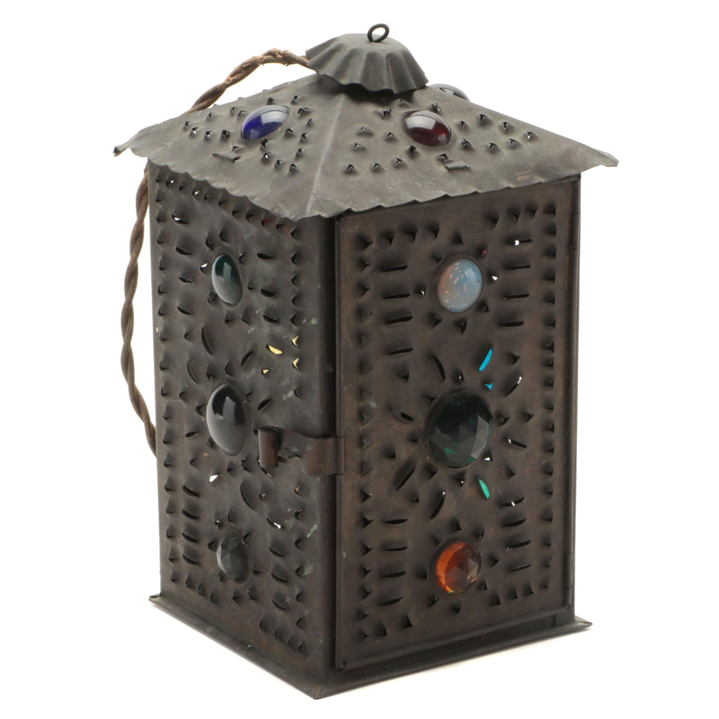 Jeweled Inset Pierced Metal Pendant Light, Early to Mid-20th C