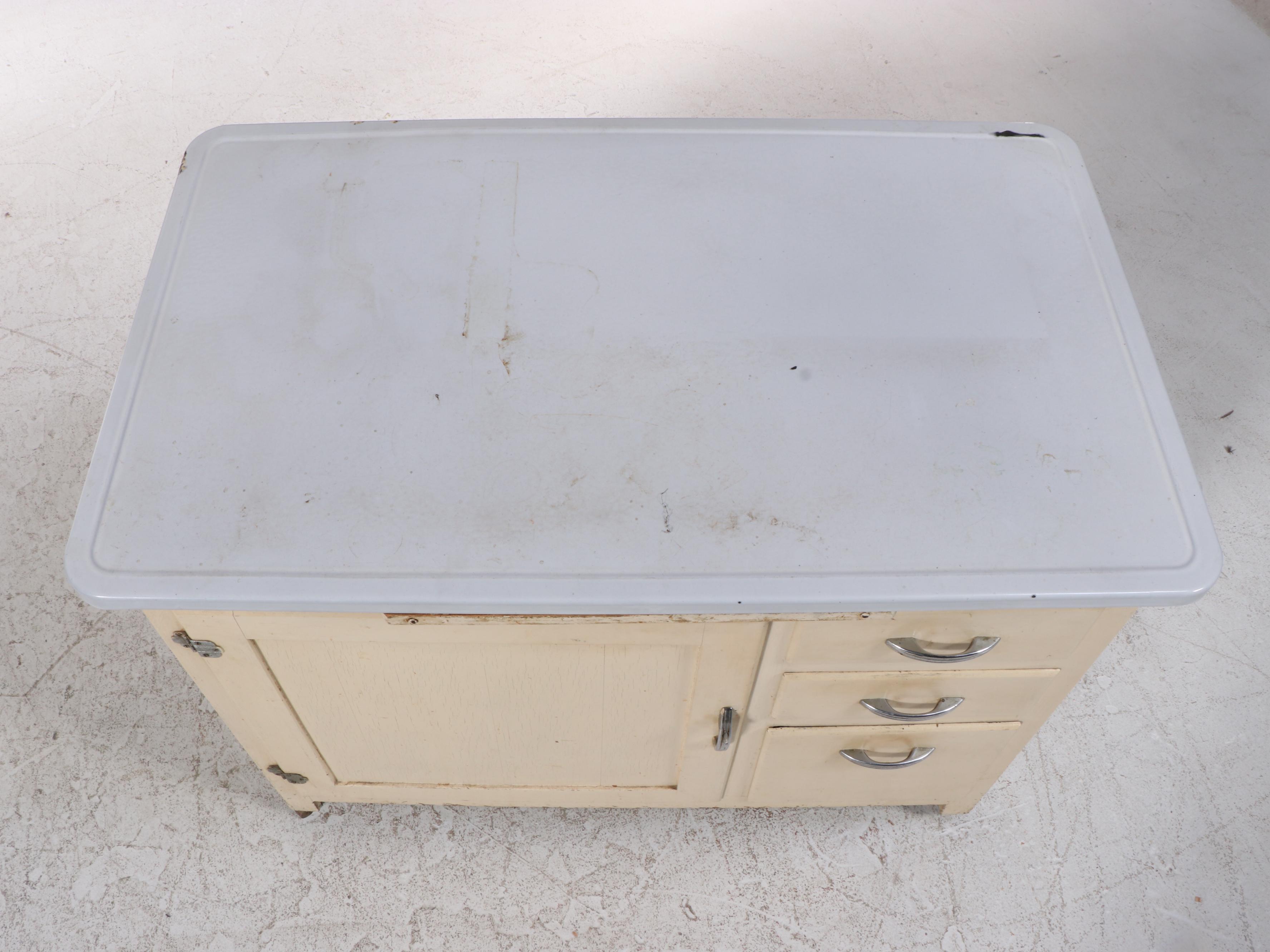 Art Deco Painted Kitchen Cabinet with Enameled Metal Top, circa 1930