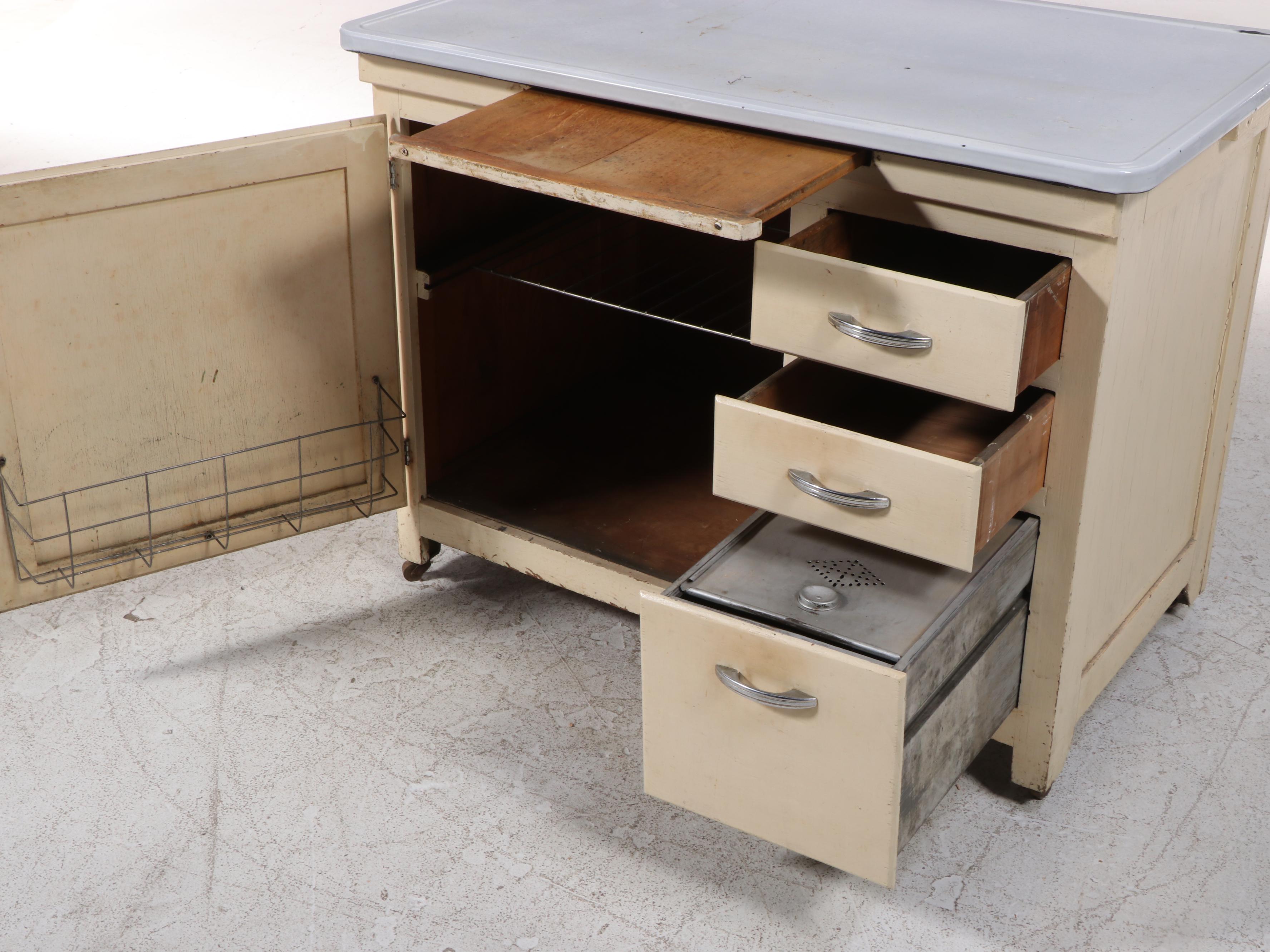 Art Deco Painted Kitchen Cabinet with Enameled Metal Top, circa 1930
