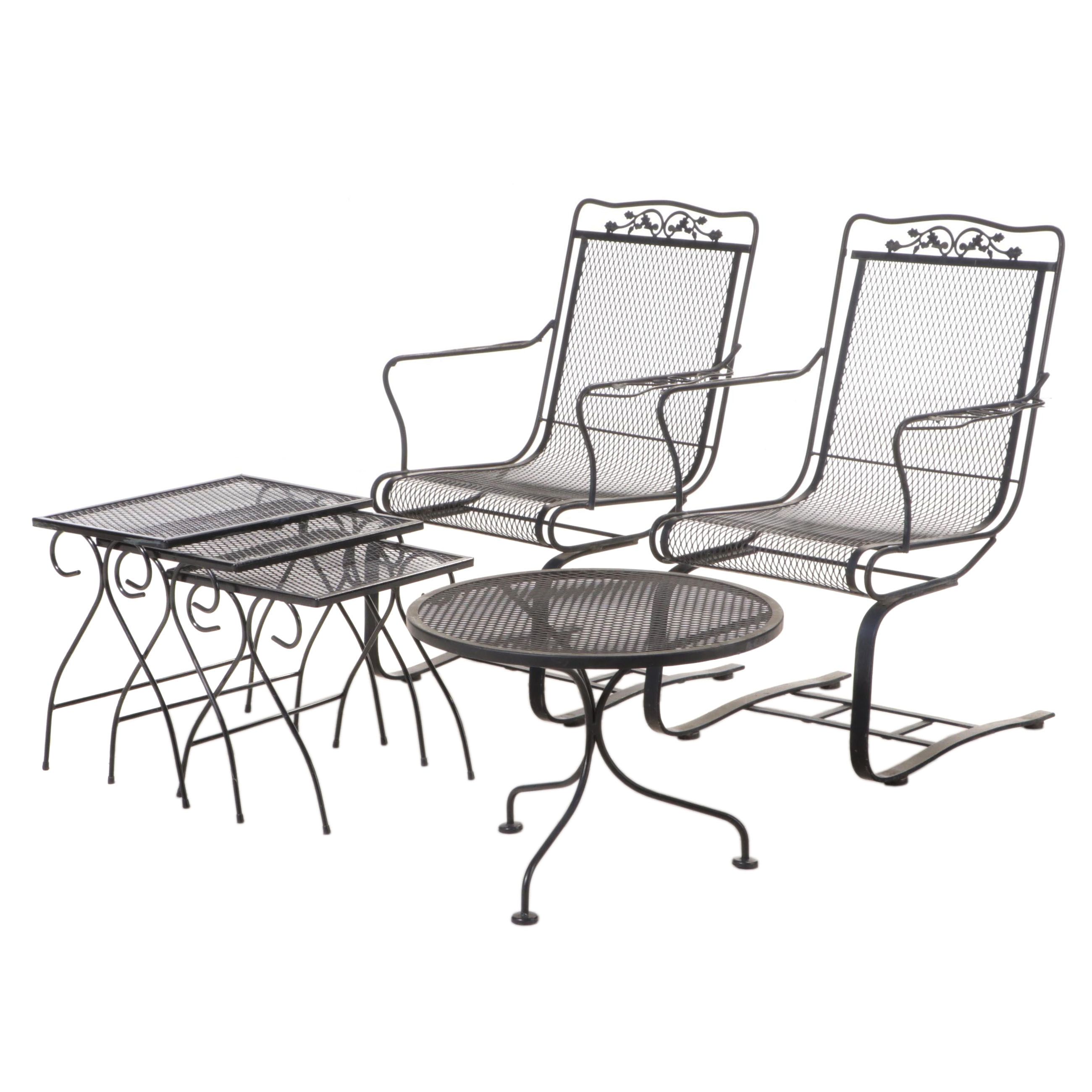 Six-Piece Black-Painted Iron and Wire Mesh Patio Furniture Set