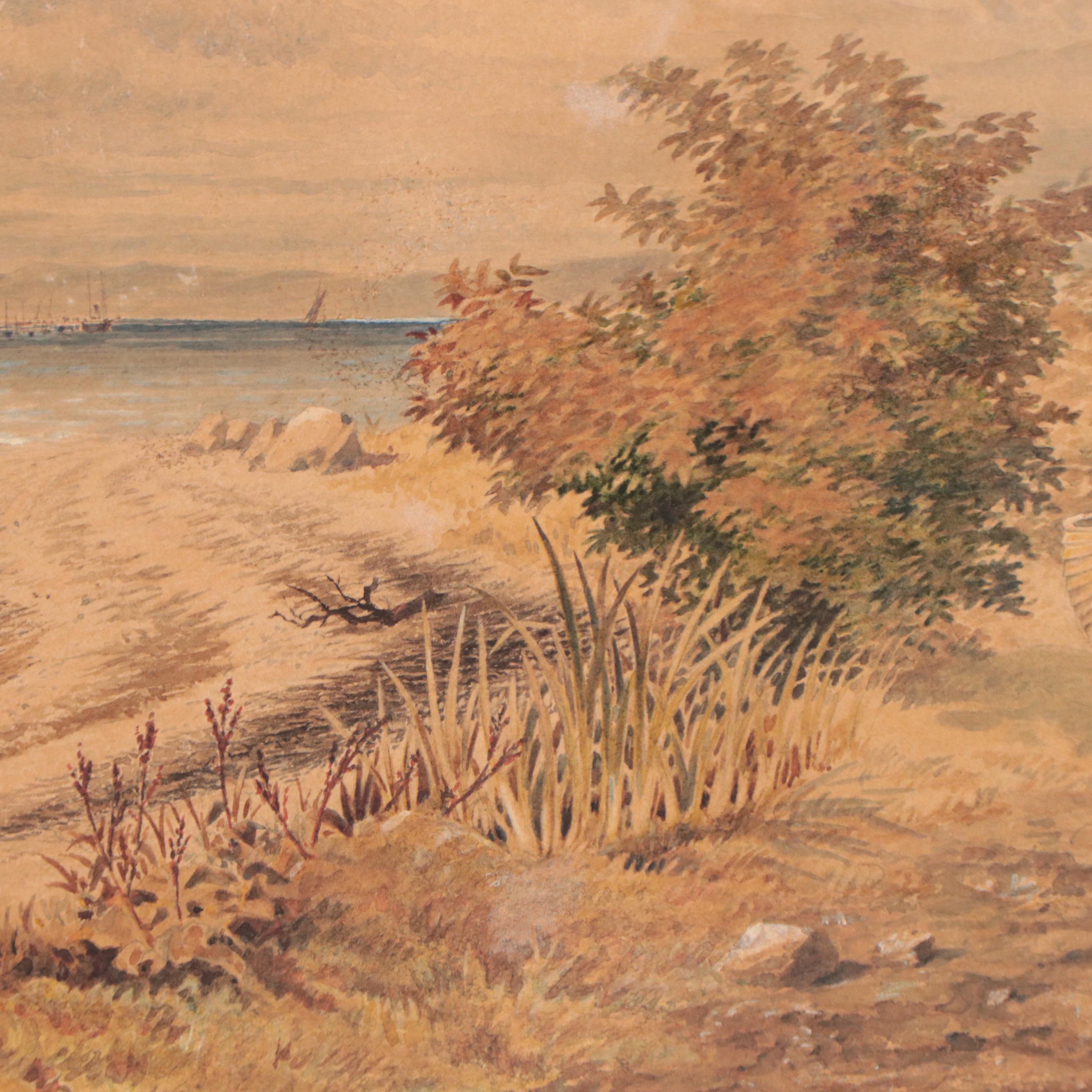 William Cassels Watercolor Painting "Estuary Scene With Shipping"