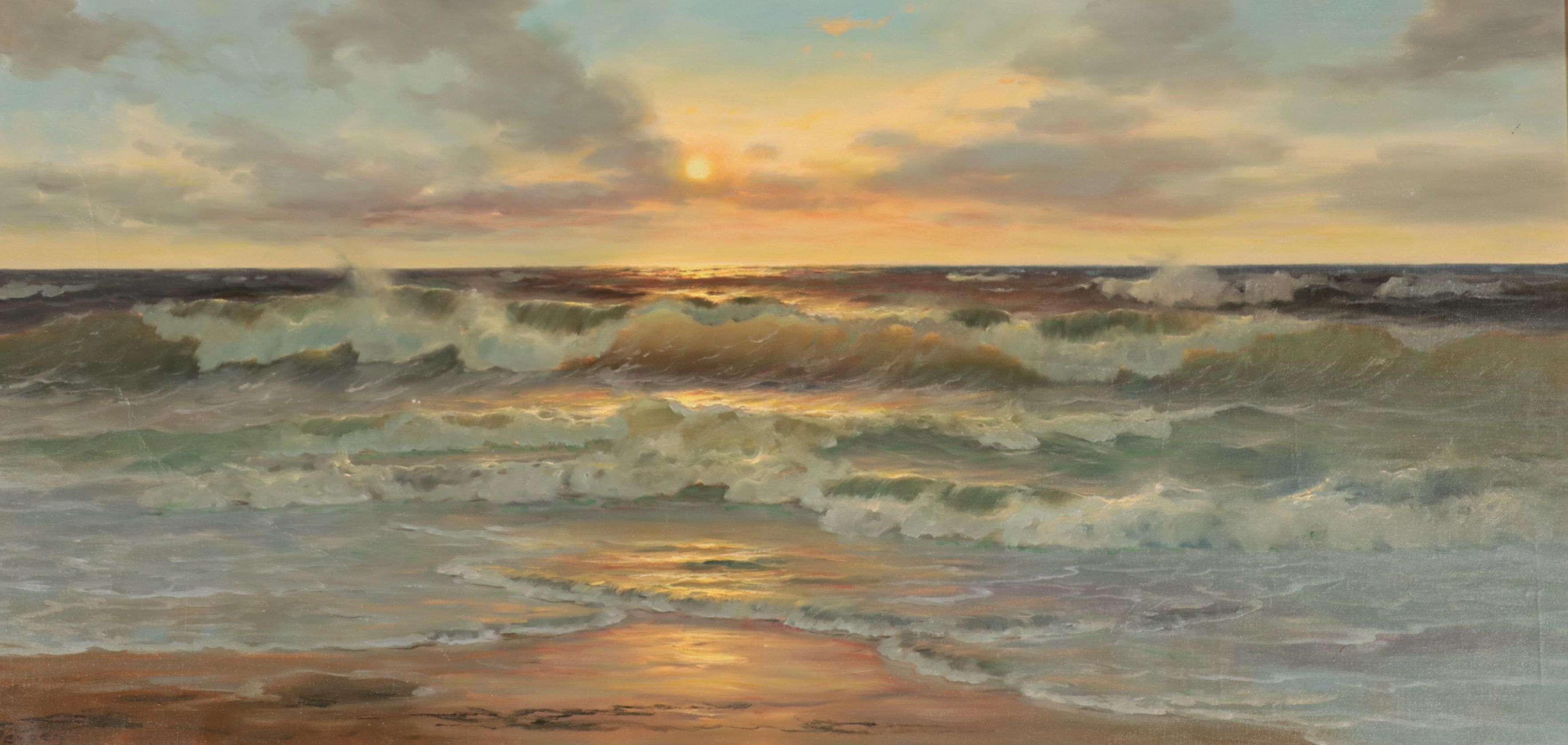 Jensen Large-Scale Seascape Oil Painting of Crashing Waves at Sunset