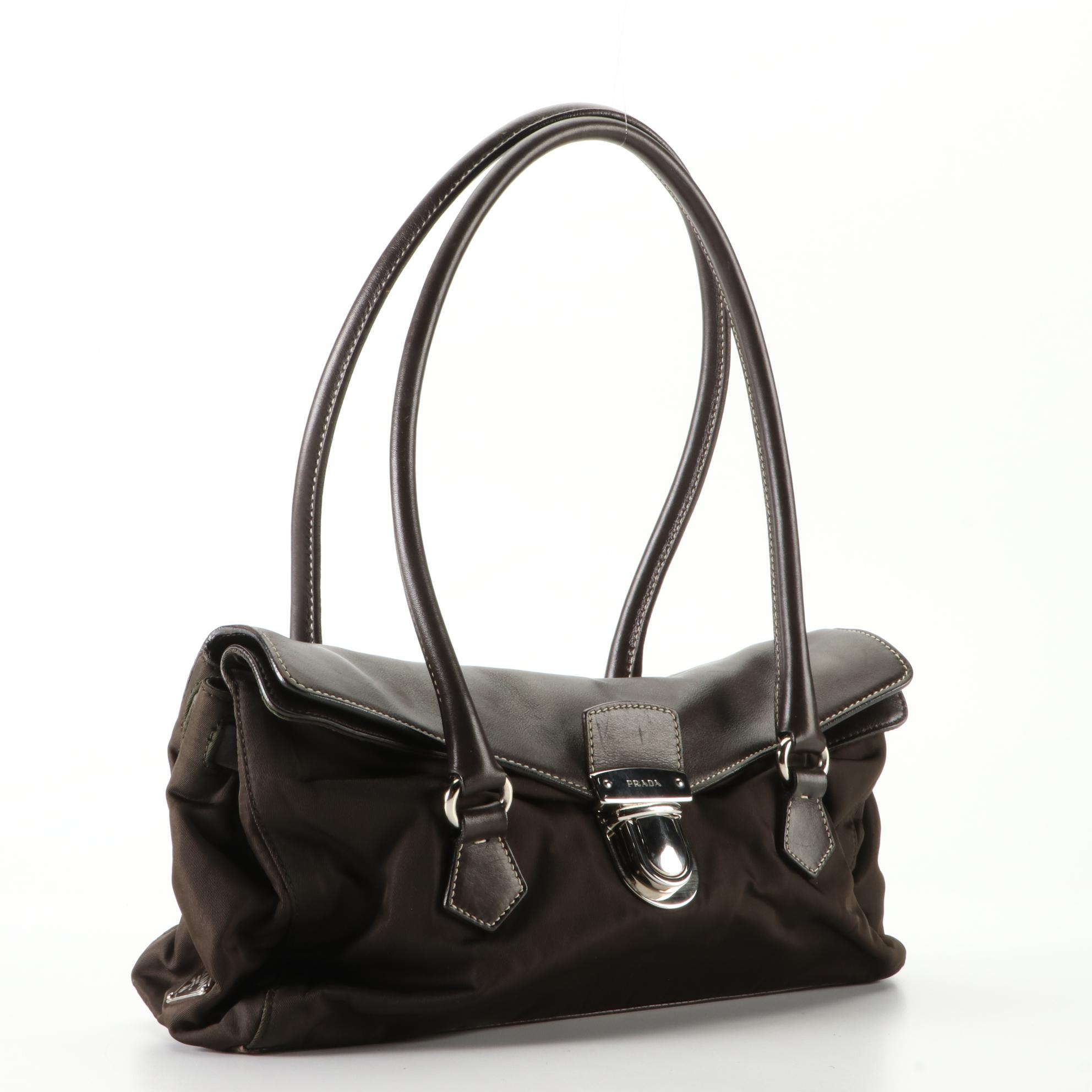 Prada Easy Tessuto Shoulder Bag in Brown Nylon and Calfskin Trim