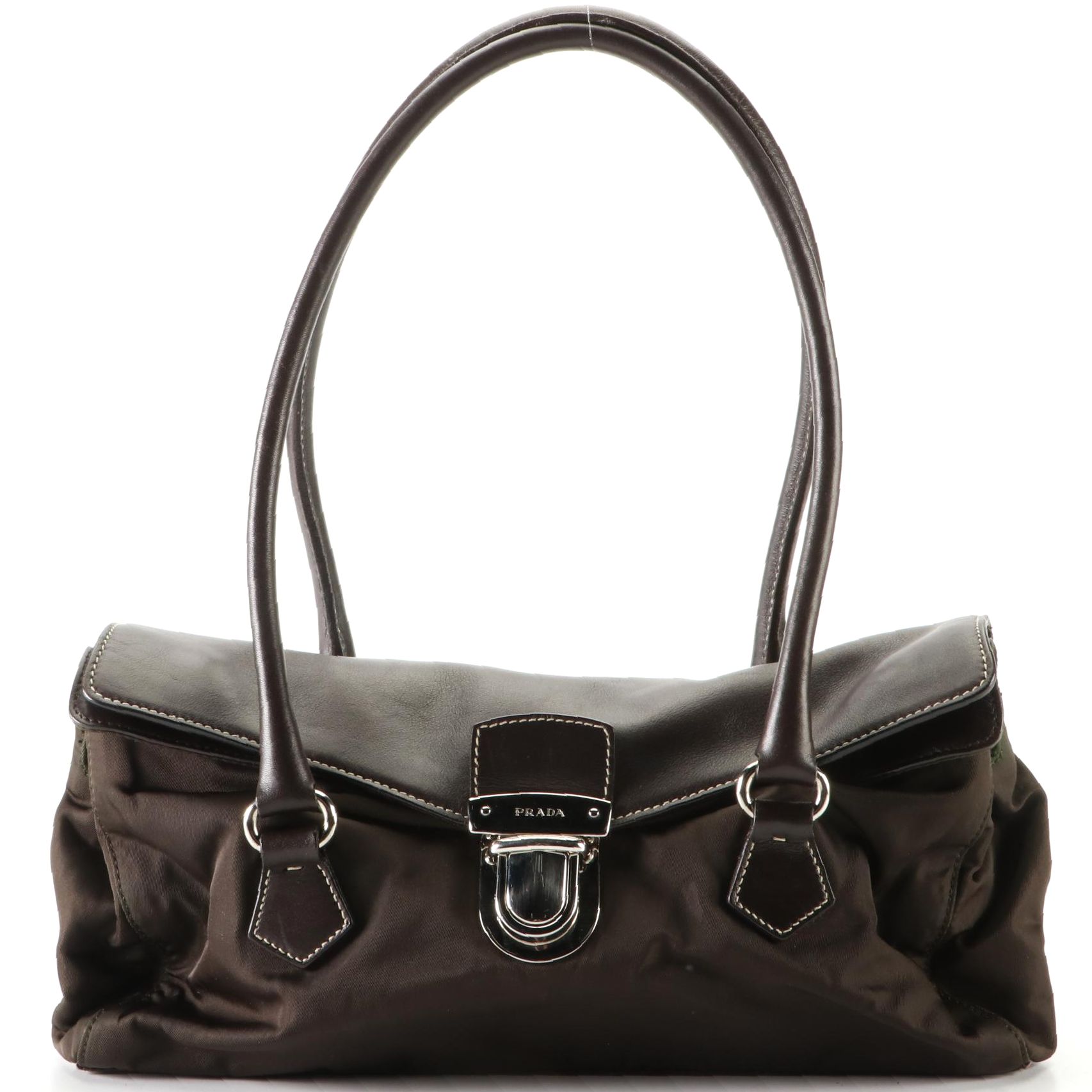 Prada Easy Tessuto Shoulder Bag in Brown Nylon and Calfskin Trim